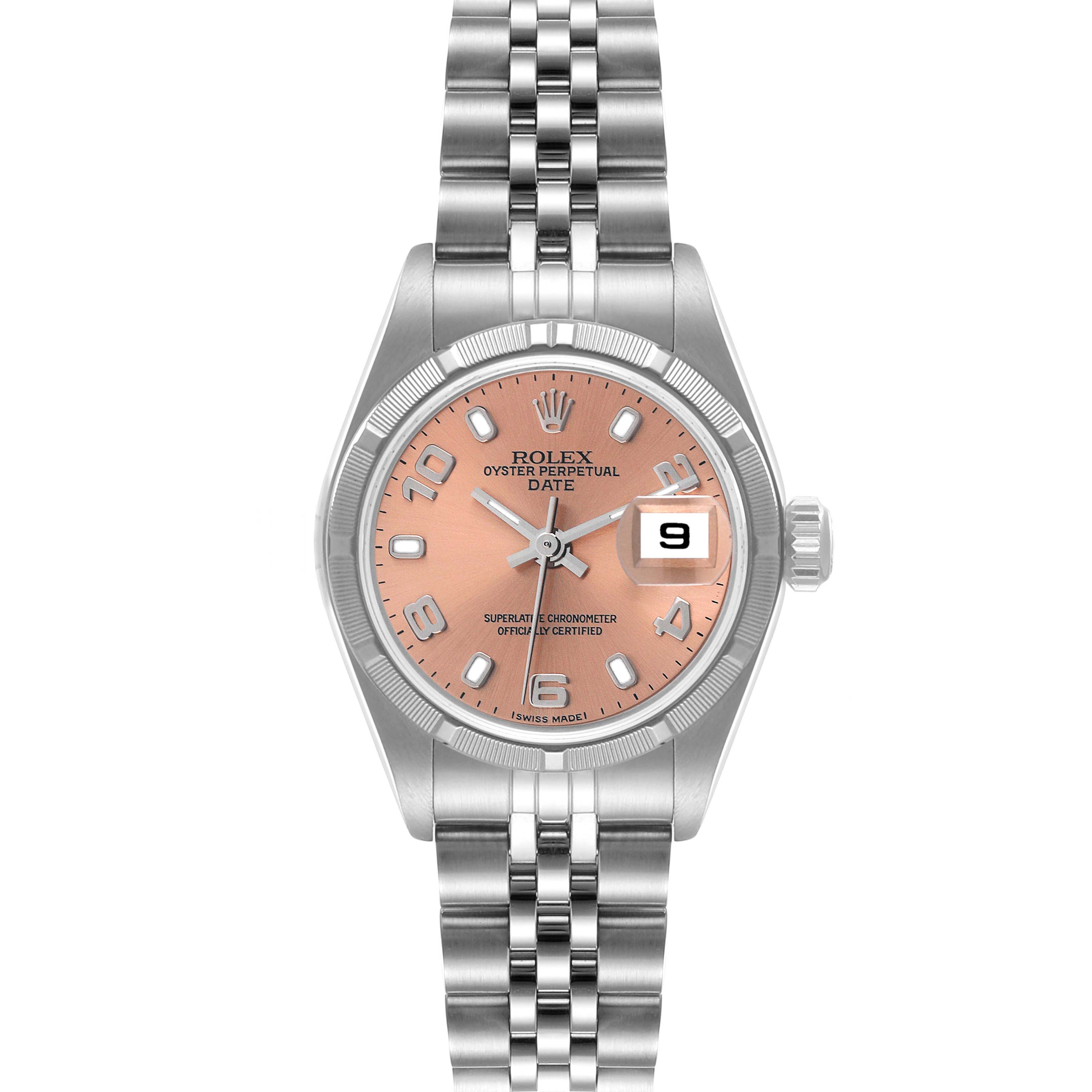 The Rolex Date 79190 Women
s Stainless Steel Pink Dial 79190 Women
s Stainless Steel Pink Dial model watch is shown from a straight-on angle, displaying the full dial, bracelet, and date window.
