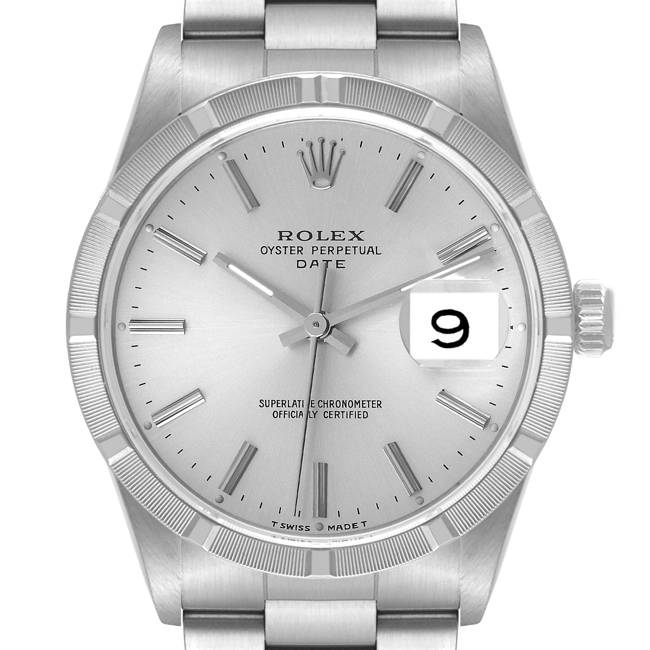 This image shows a close-up, front view of the Rolex Oyster Perpetual Date watch, highlighting the dial, hands, and date window.