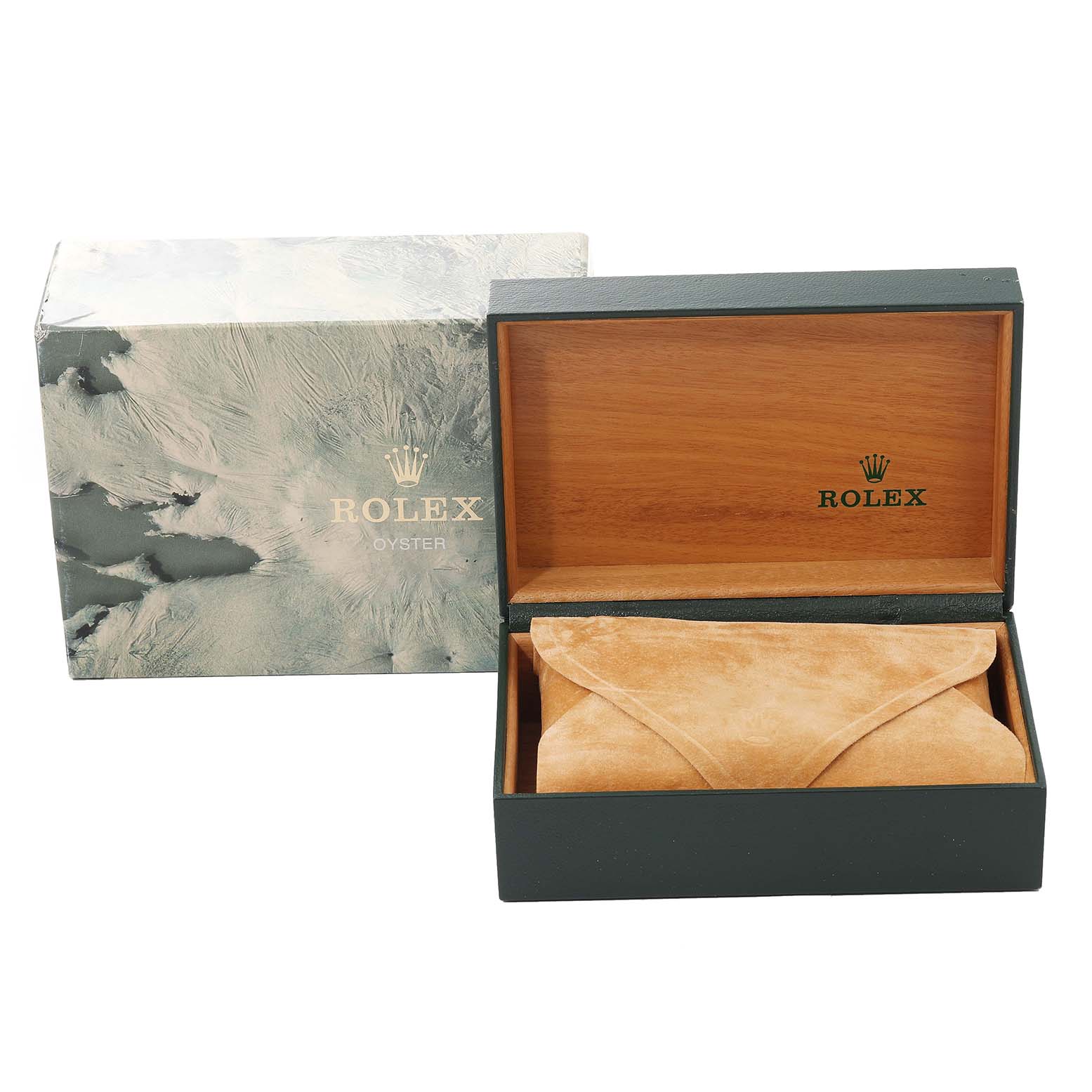 The image shows a Rolex Date 15210 Men
s Stainless Steel Silver Dial 15210 Men
s Stainless Steel Silver Dial model box, with an outer sleeve, wooden inner box, and suede watch pouch.