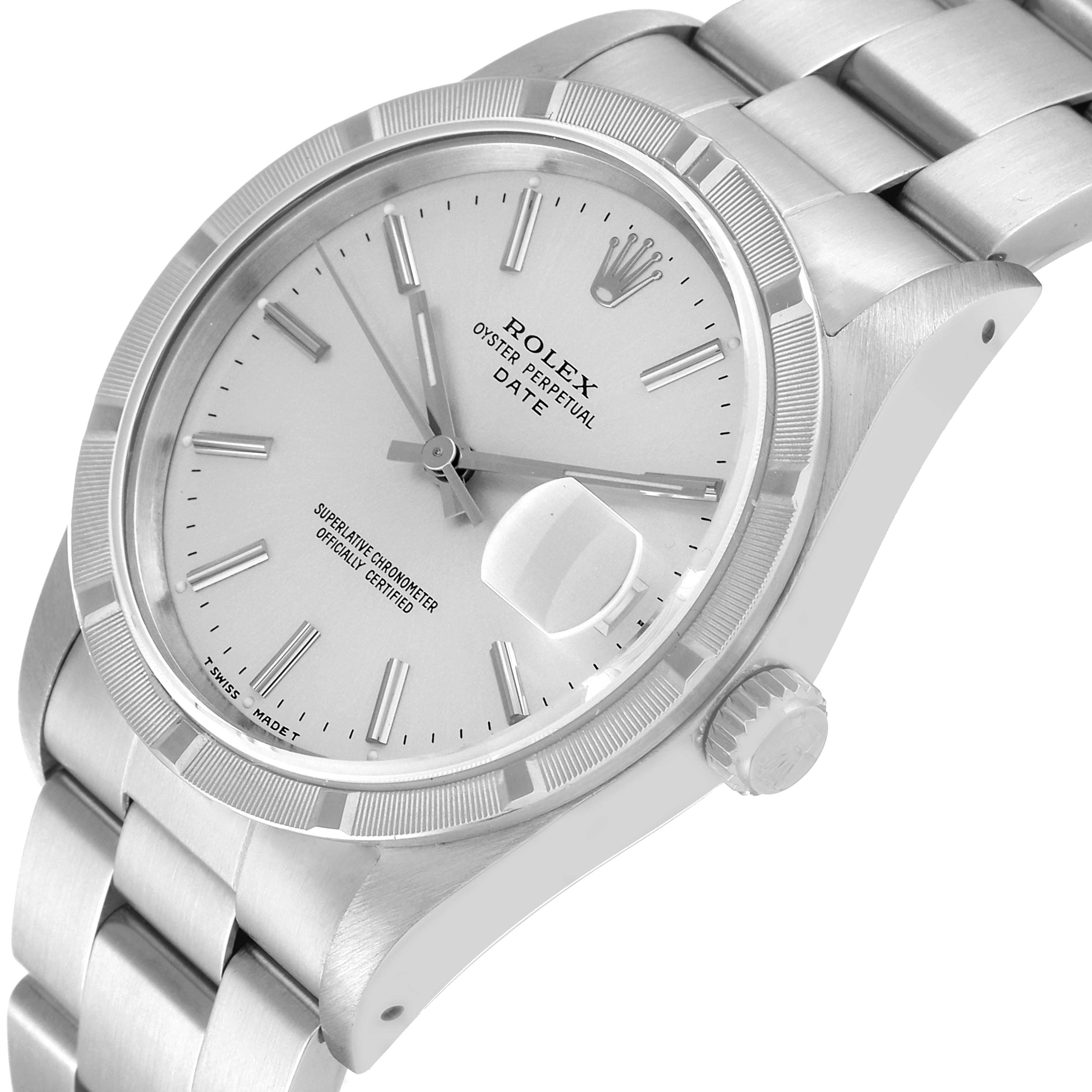 This image shows a Rolex Date 15210 Men
s Stainless Steel Silver Dial 15210 Men
s Stainless Steel Silver Dial model watch from an angled view, focusing on the face, bezel, bracelet, and crown.