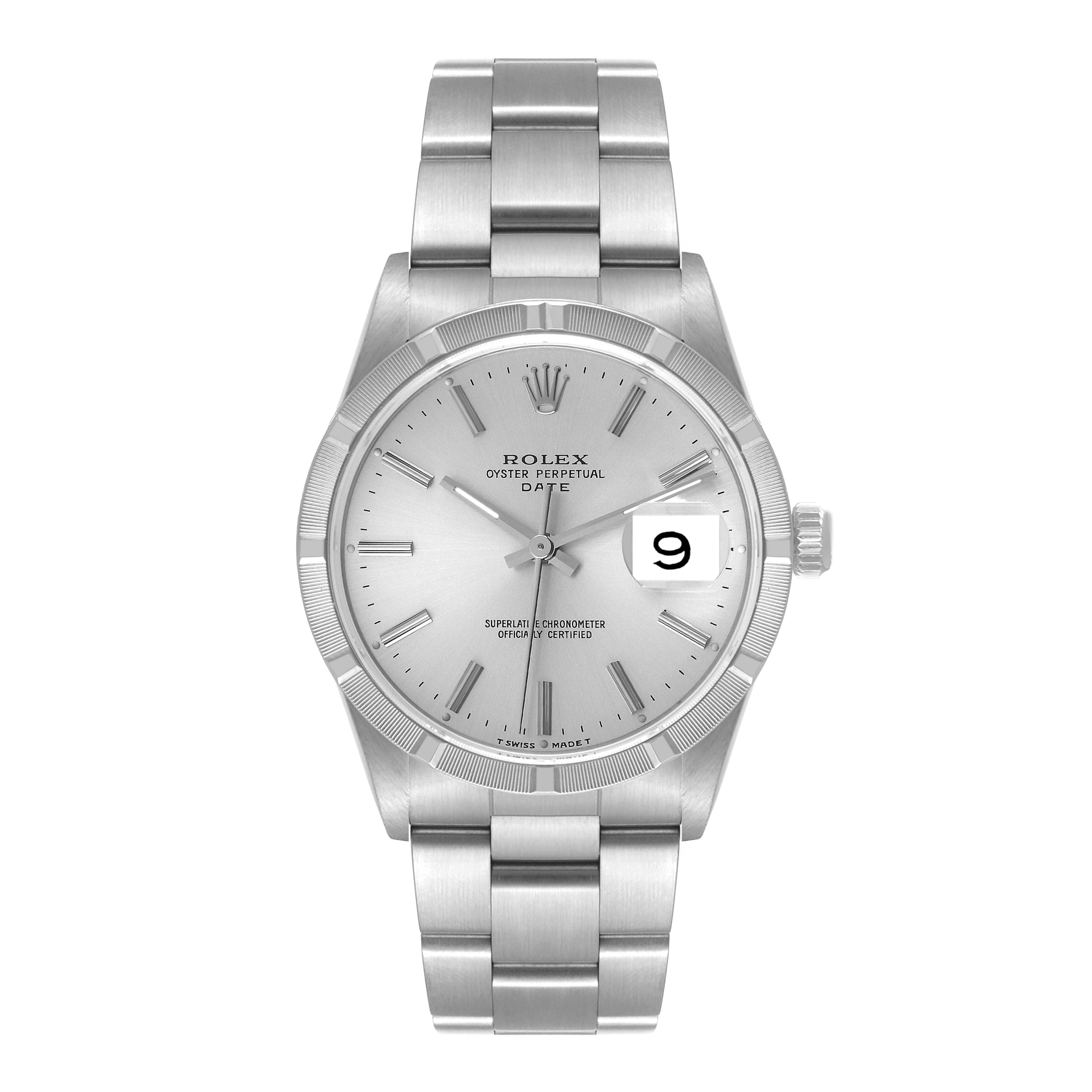 The image displays a Rolex Date 15210 Men
s Stainless Steel Silver Dial 15210 Men
s Stainless Steel Silver Dial model watch from a front angle, showcasing the dial, hands, date window, and bracelet.