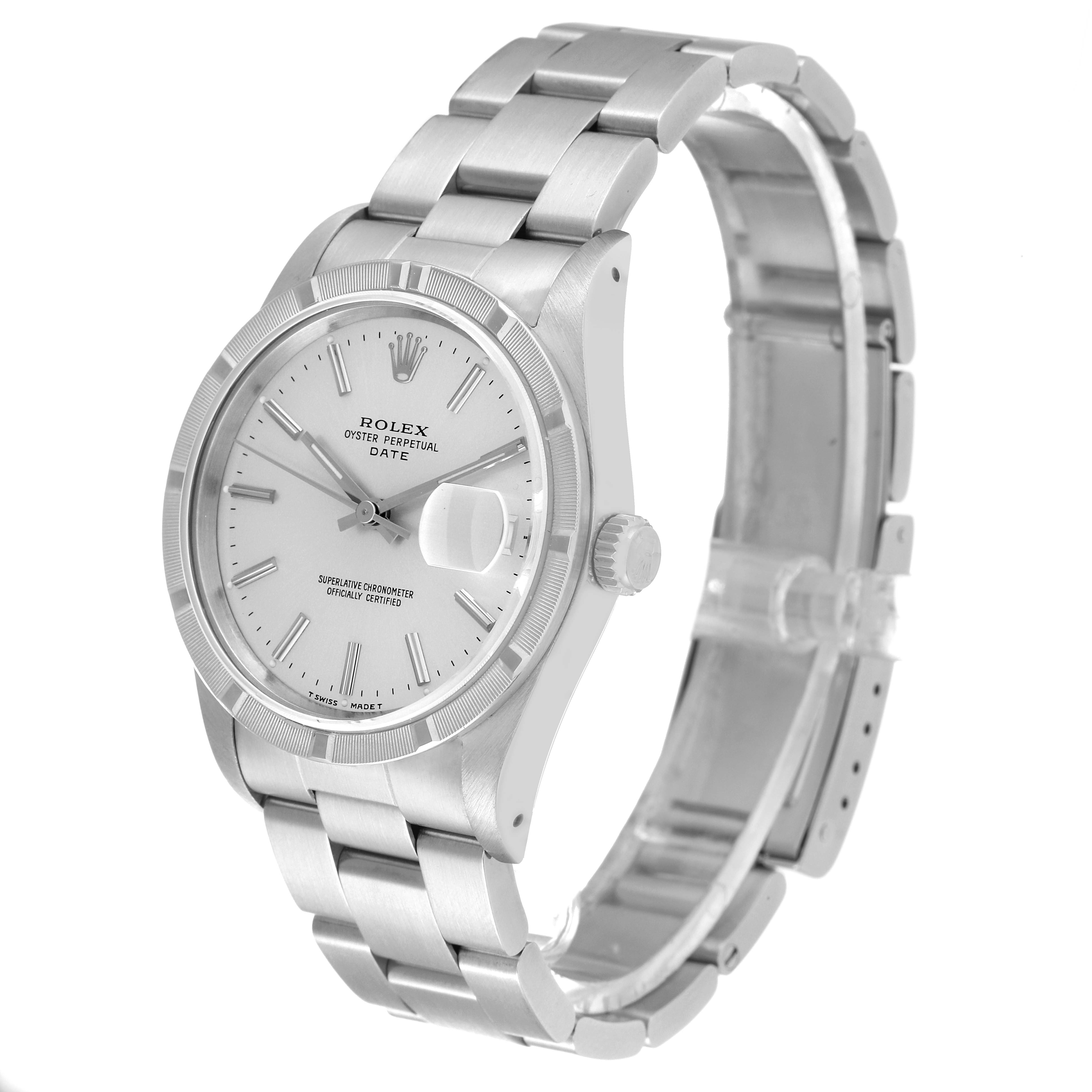 The image shows a stainless steel Rolex Date 15210 Men
s Stainless Steel Silver Dial 15210 Men
s Stainless Steel Silver Dial model watch at a three-quarter angle, highlighting the face, bezel, and bracelet.