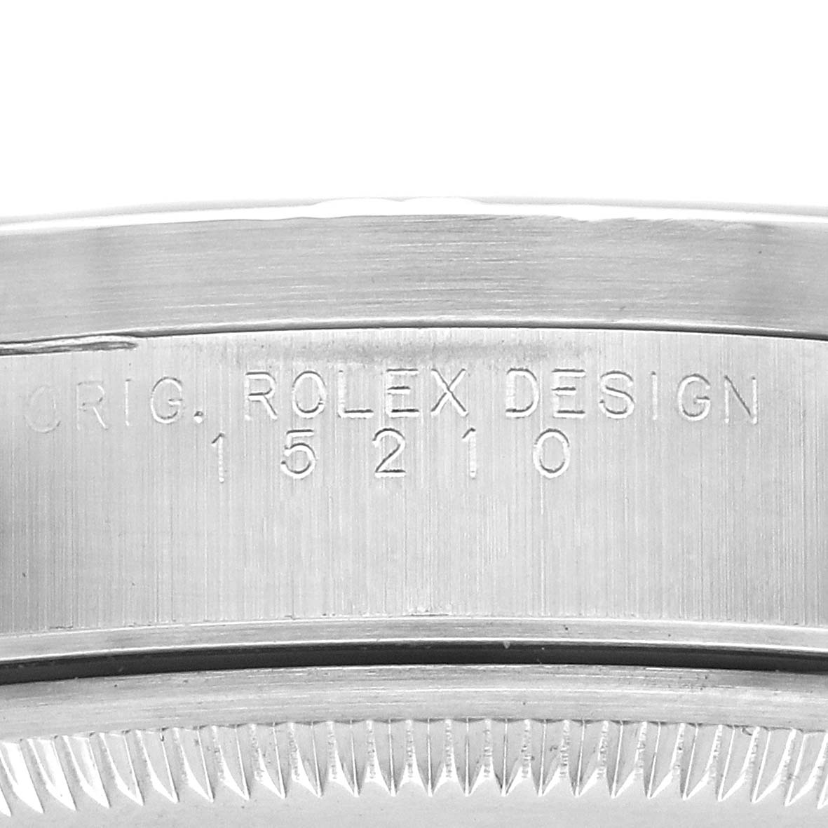 This image shows the case side of a Rolex Date 15210 Men's Stainless Steel Pink Dial model, featuring the engraved design number.
