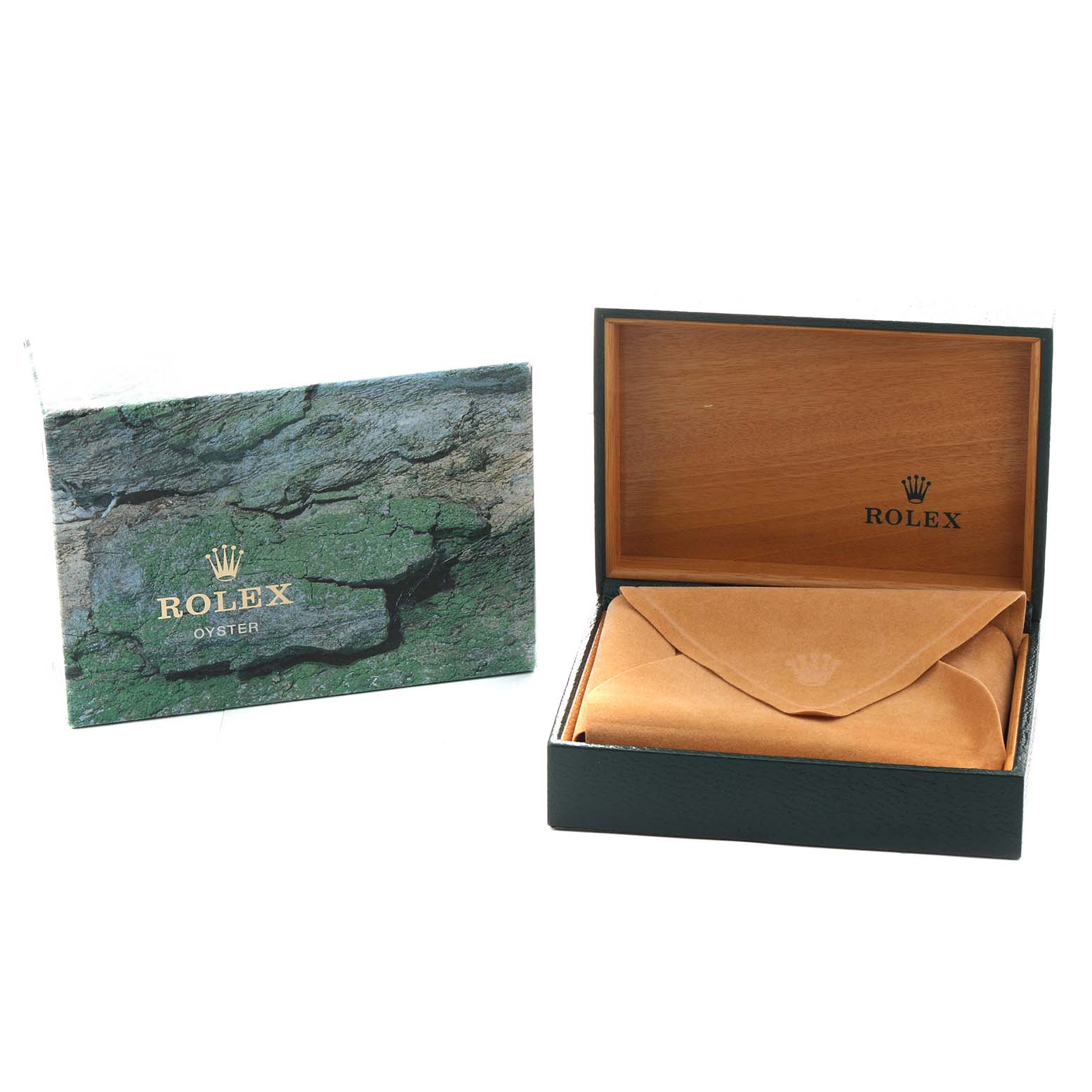 The image shows the Rolex Date 15210 Men's Stainless Steel Pink Dial model packaging, including the outer box and the open inner box with a protective pouch.