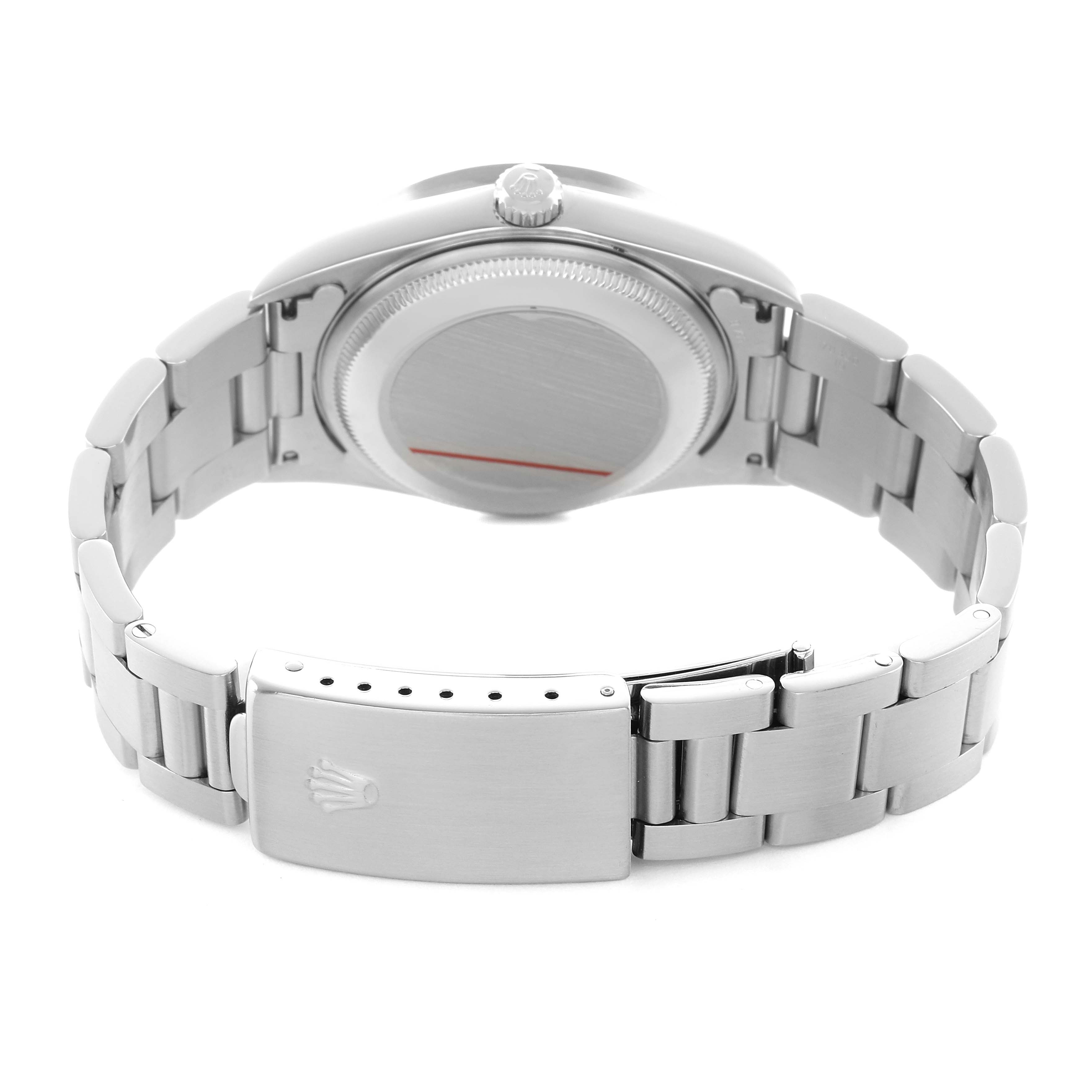 The image shows the back of a Rolex Date 15210 Men's Stainless Steel Pink Dial watch, focusing on the case back, bracelet, and clasp.