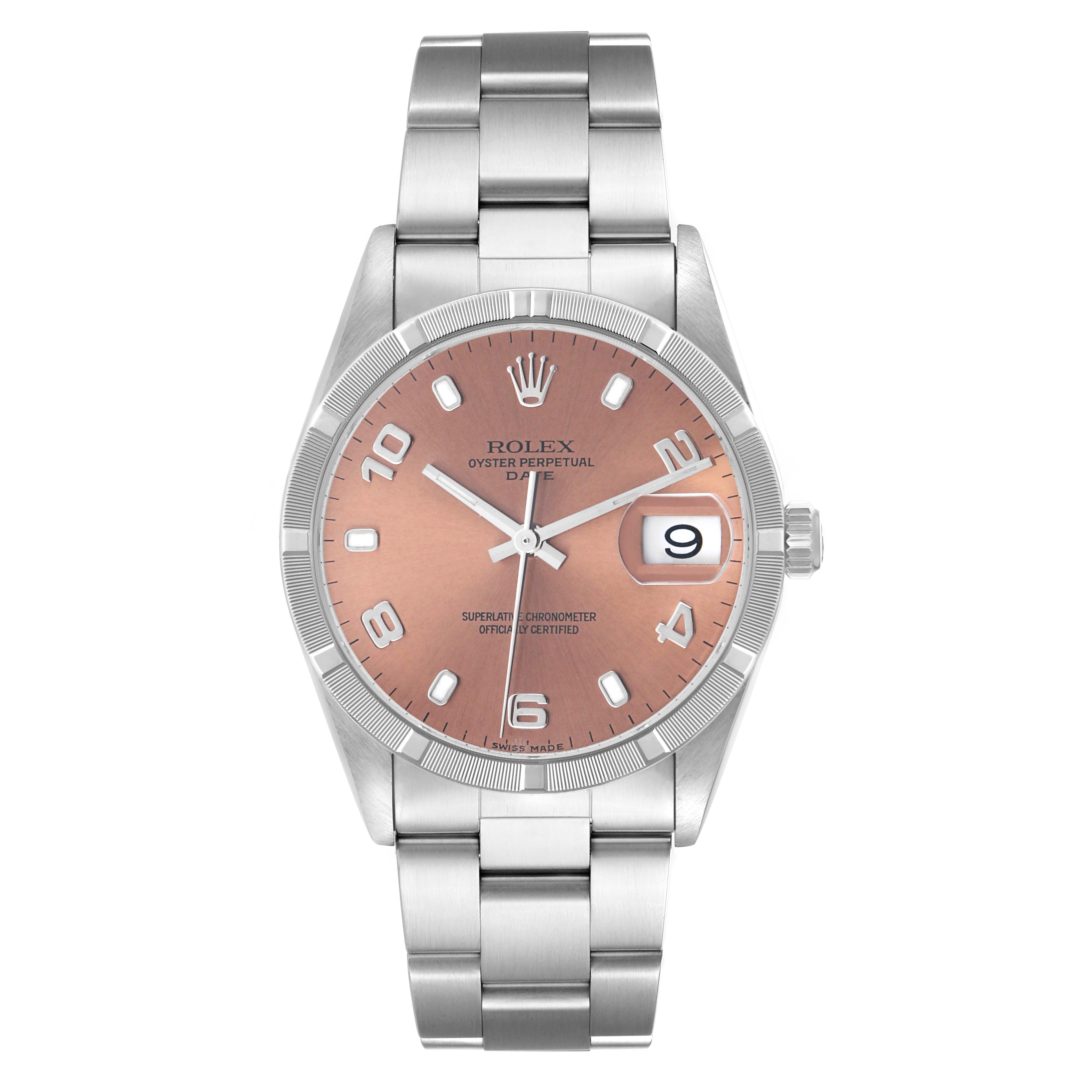The Rolex Date 15210 Men's Stainless Steel Pink Dial model watch is shown from the front, displaying the dial, hands, date window, and metal bracelet.