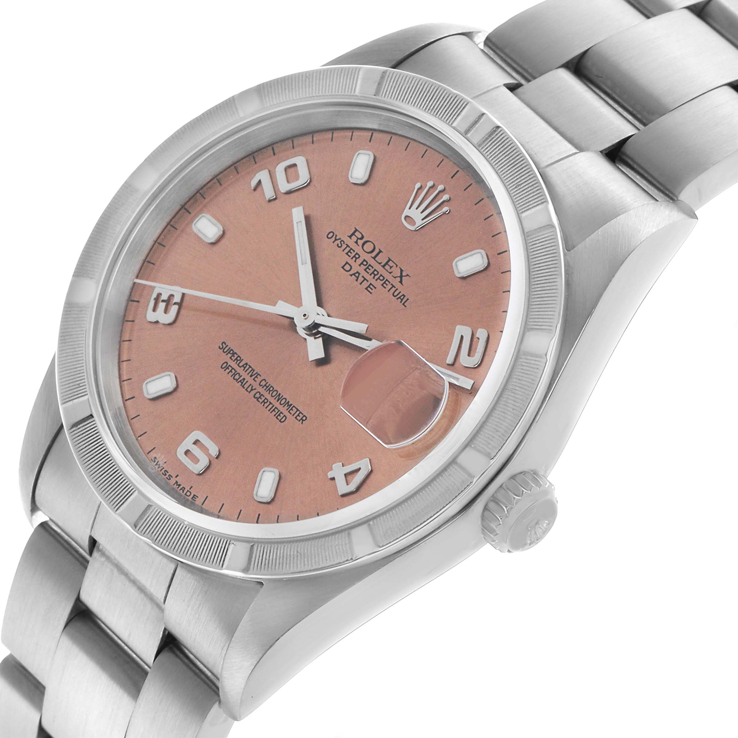 The Rolex Date 15210 Men's Stainless Steel Pink Dial watch is shown from a slight top angle, highlighting its face, bezel, and part of the bracelet.