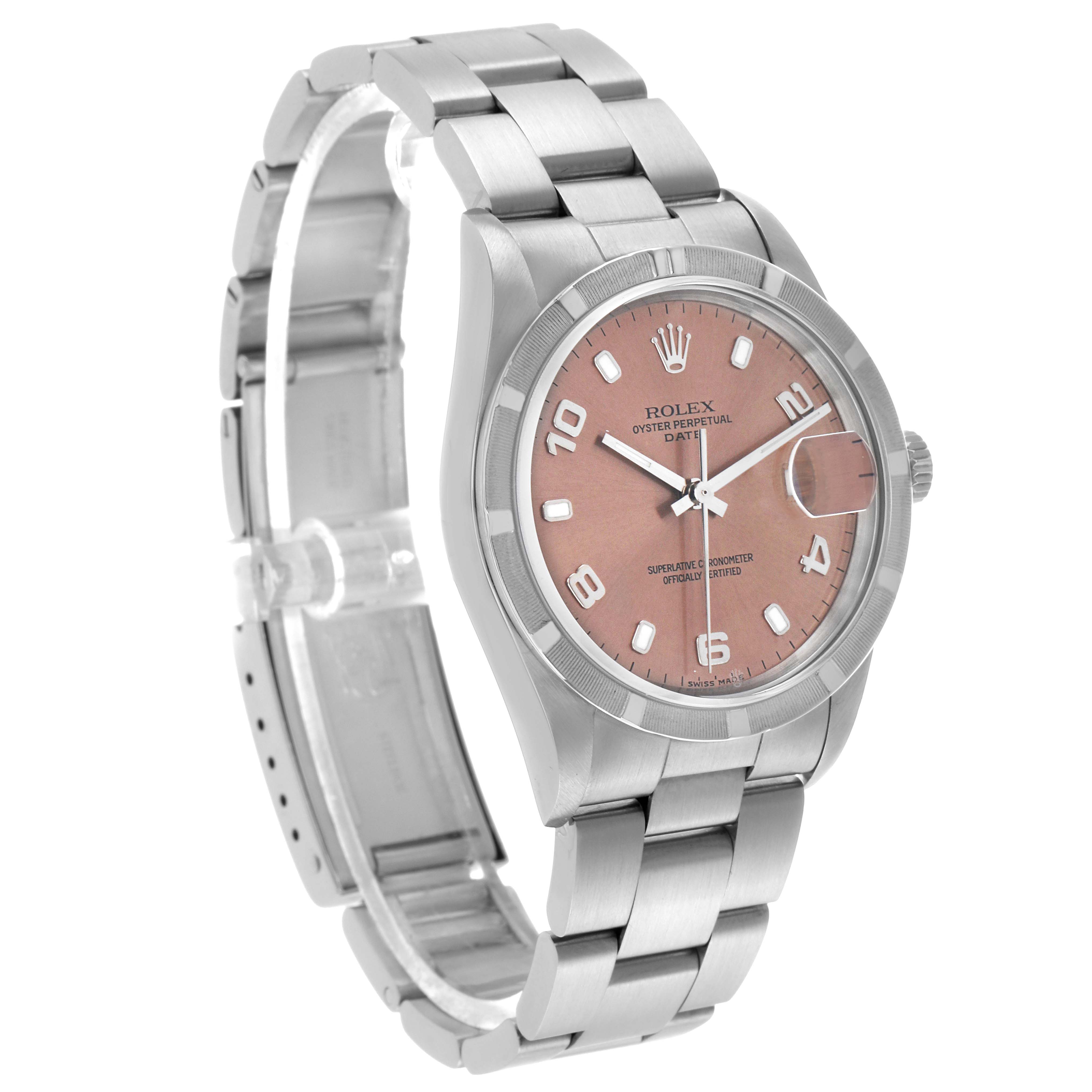 The Rolex Date 15210 Men's Stainless Steel Pink Dial model watch is shown at a three-quarter angle, displaying the face, bracelet, and crown.