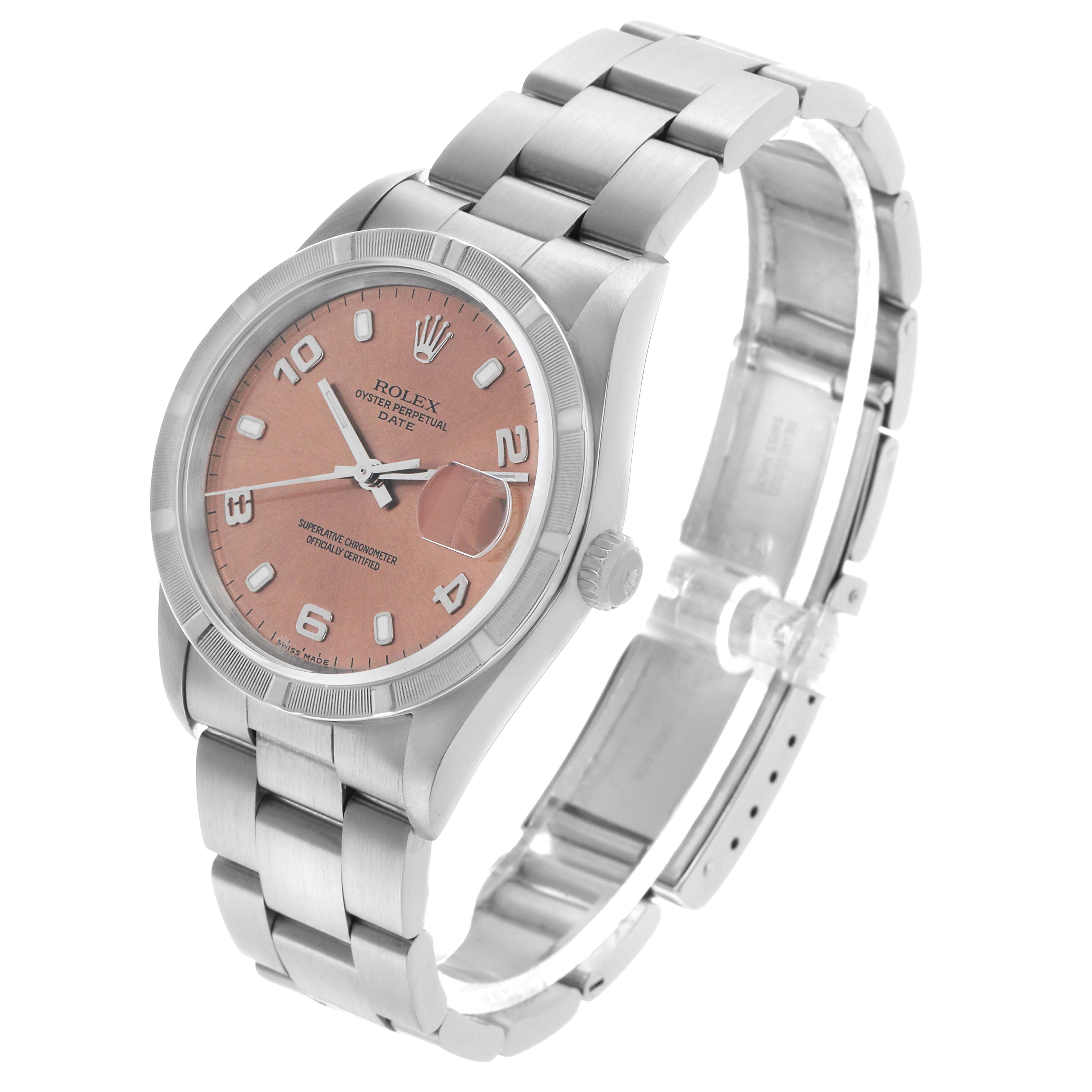 The Rolex Date 15210 Men's Stainless Steel Pink Dial watch is shown at a three-quarter angle, displaying the face, bezel, crown, and bracelet with an open clasp.