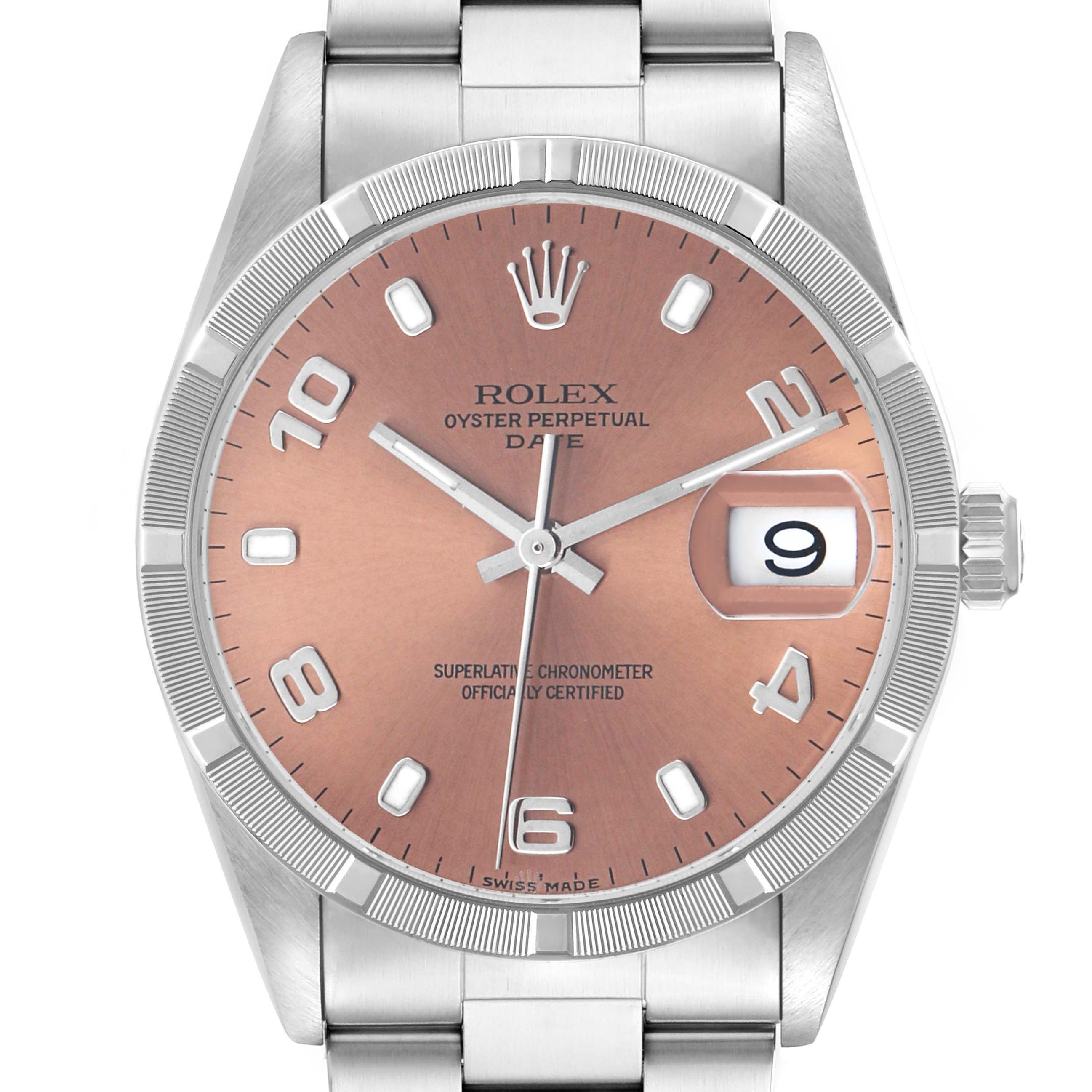 The Rolex Date 15210 Men's Stainless Steel Pink Dial watch is shown from the front, highlighting the dial, bezel, crown, and bracelet.