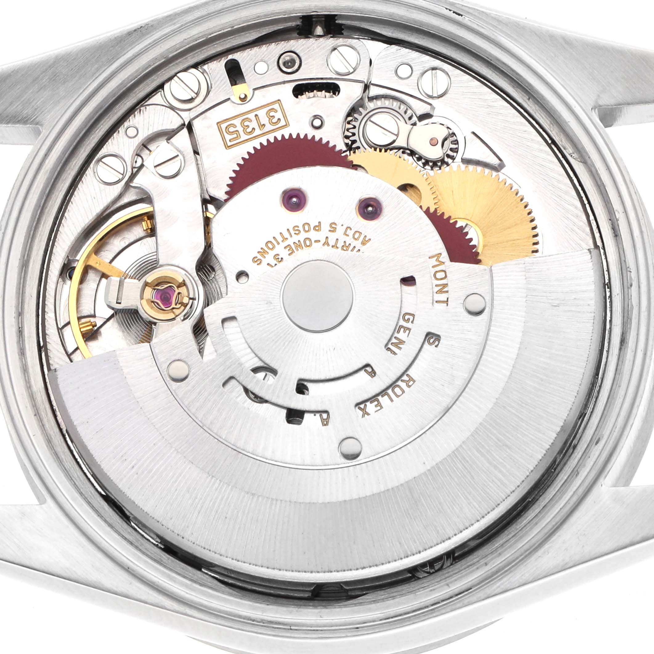 The image shows the internal mechanics of a Rolex Date 15210 Men's Stainless Steel Pink Dial model from the back, highlighting its intricate movement components.