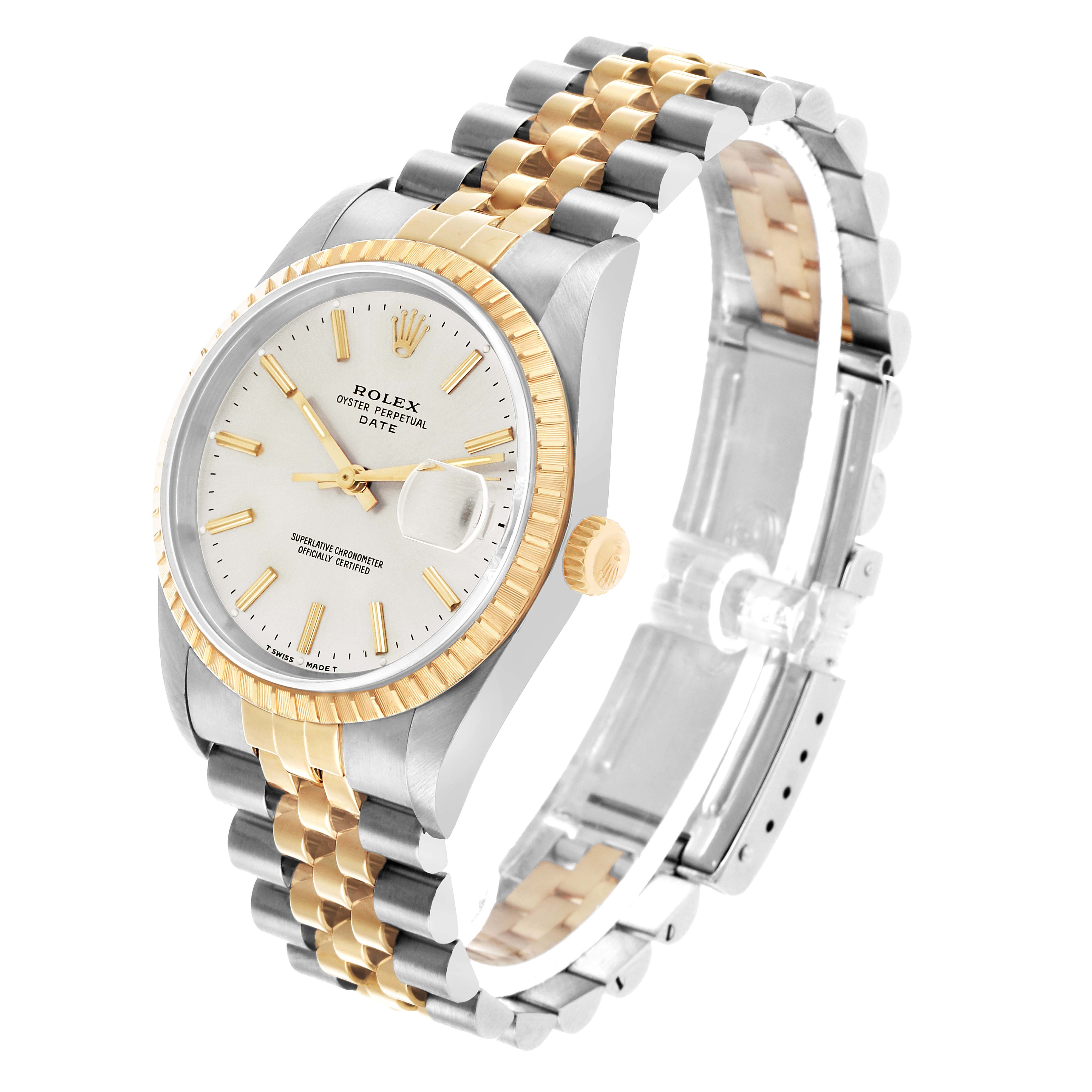 The Rolex Date 15223 Men's Steel and Gold (two tone) Silver Dial watch is shown at a three-quarter angle, highlighting its face, bezel, crown, and two-tone bracelet.