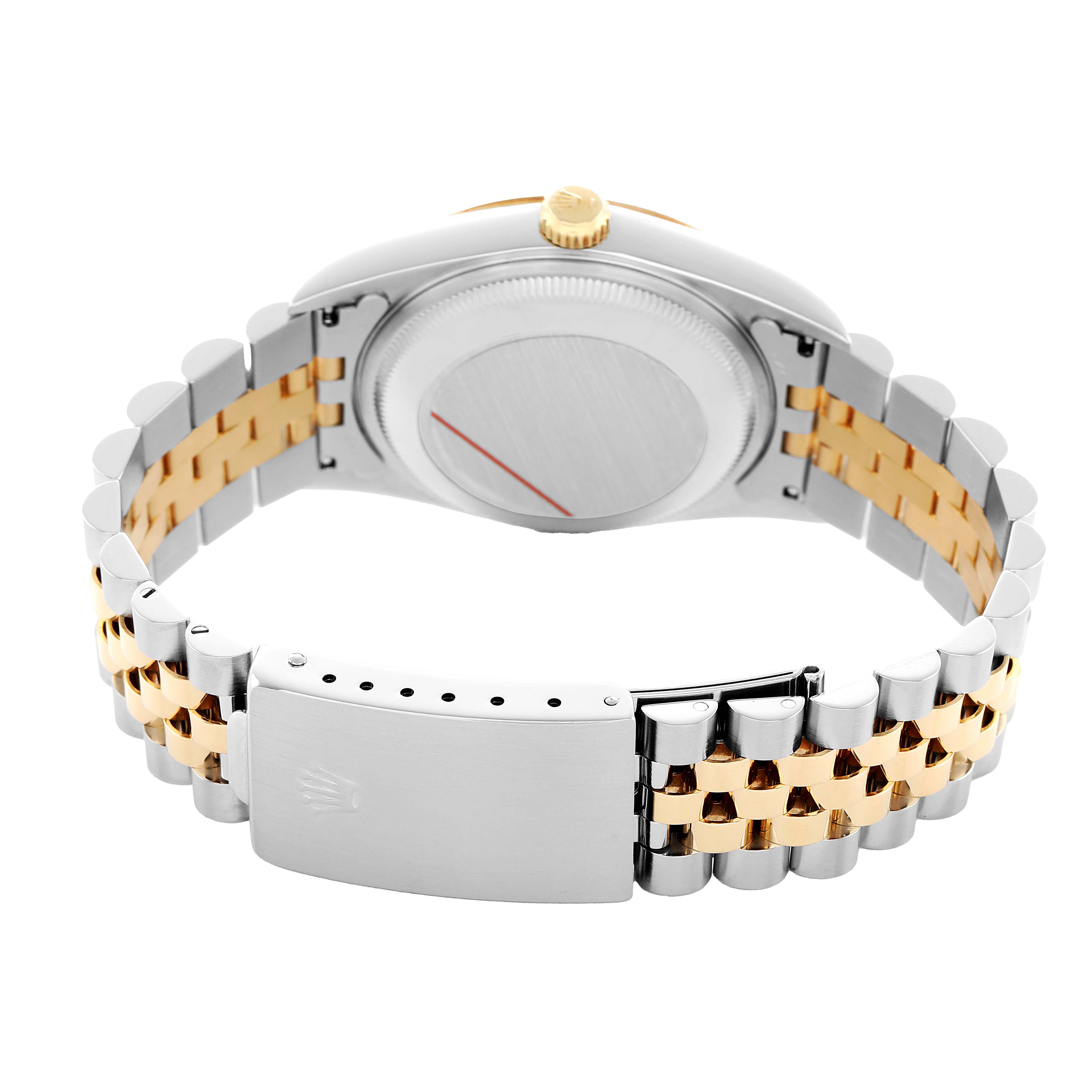 The image shows the back of a Rolex Date 15223 Men's Steel and Gold (two tone) Silver Dial model, highlighting the case back, crown, and two-tone bracelet with clasp.