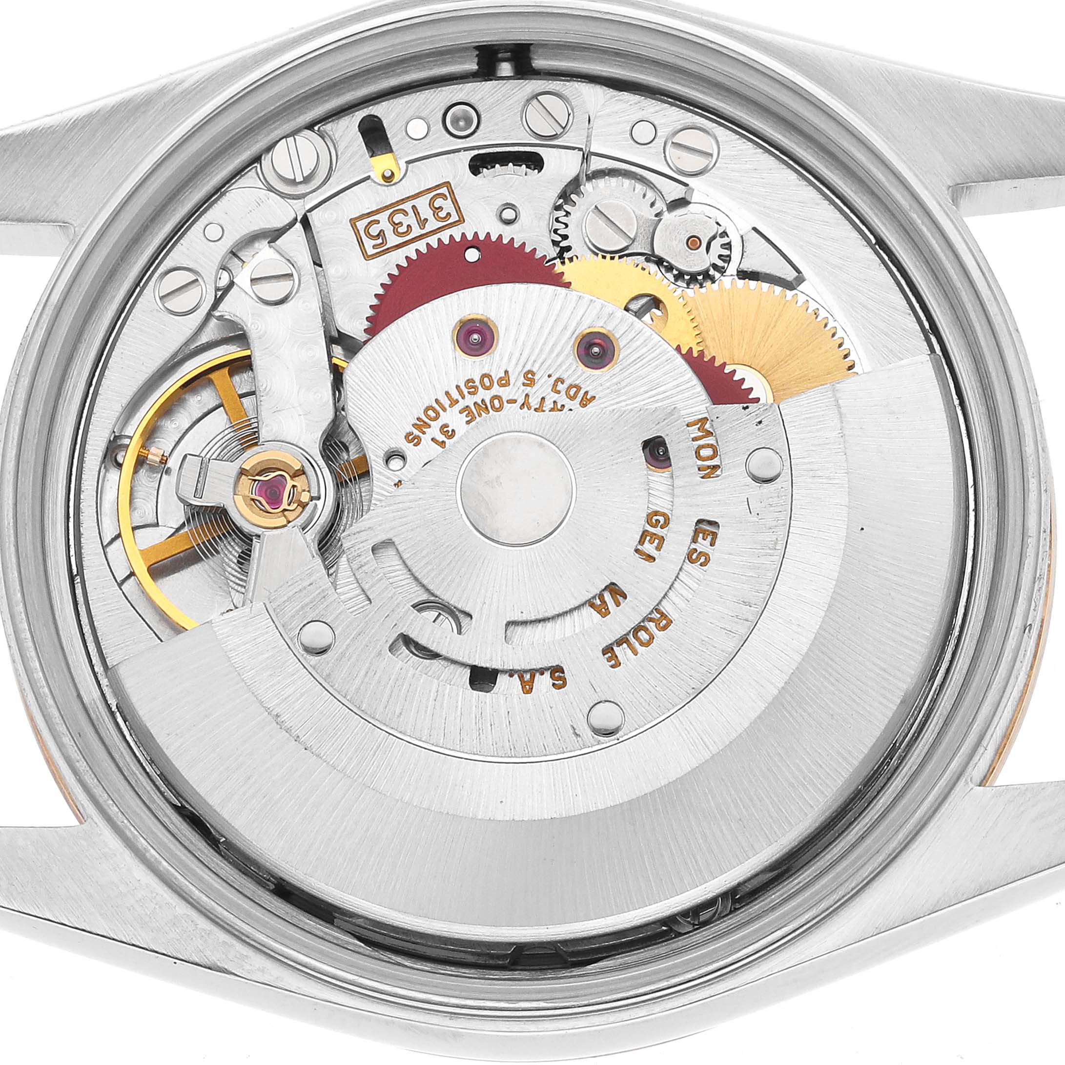 This image shows the movement of a Rolex Date 15223 Men's Steel and Gold (two tone) Silver Dial model watch from the back, highlighting gears and mechanical components.