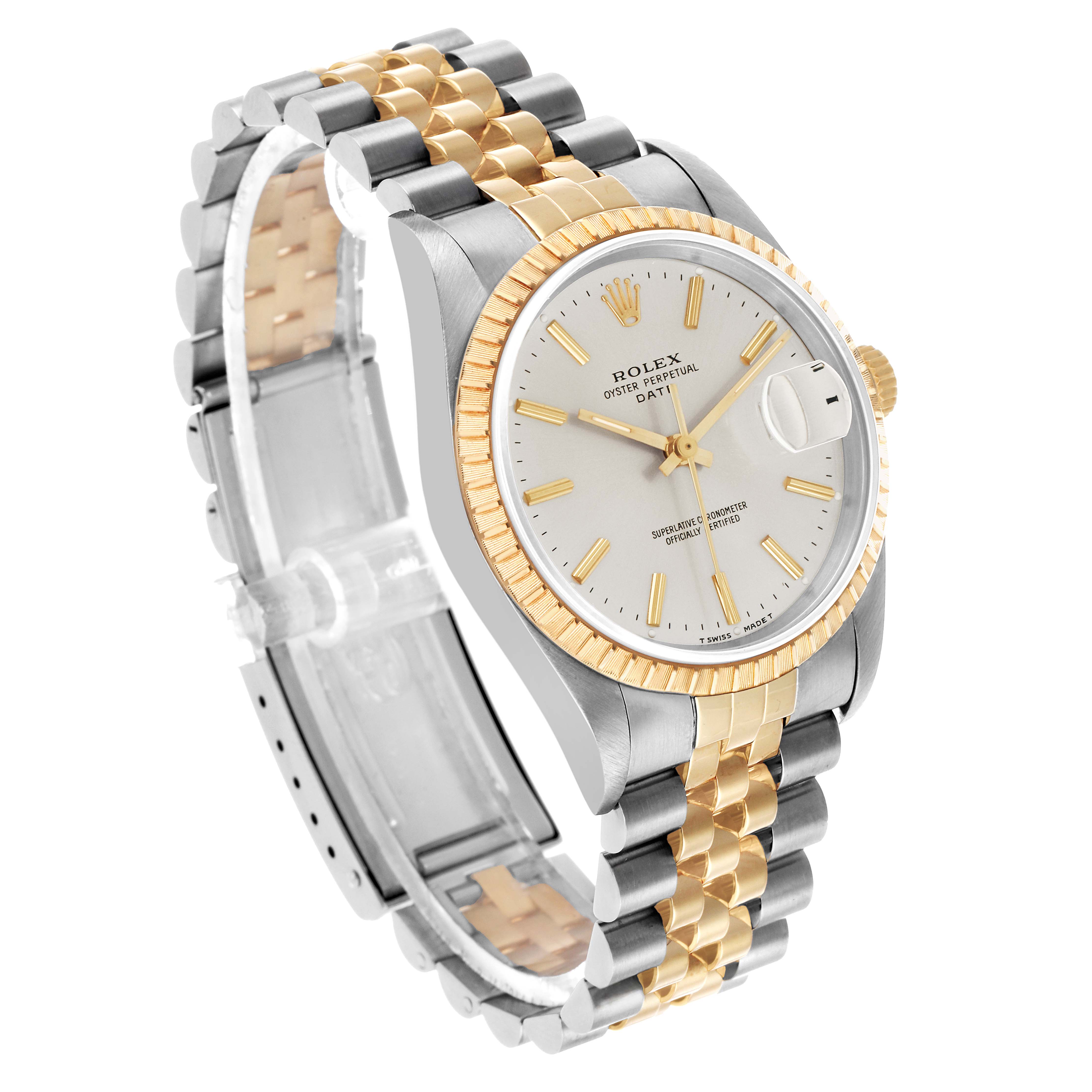The Rolex Date 15223 Men's Steel and Gold (two tone) Silver Dial watch is angled to display the face, bezel, and two-tone bracelet.