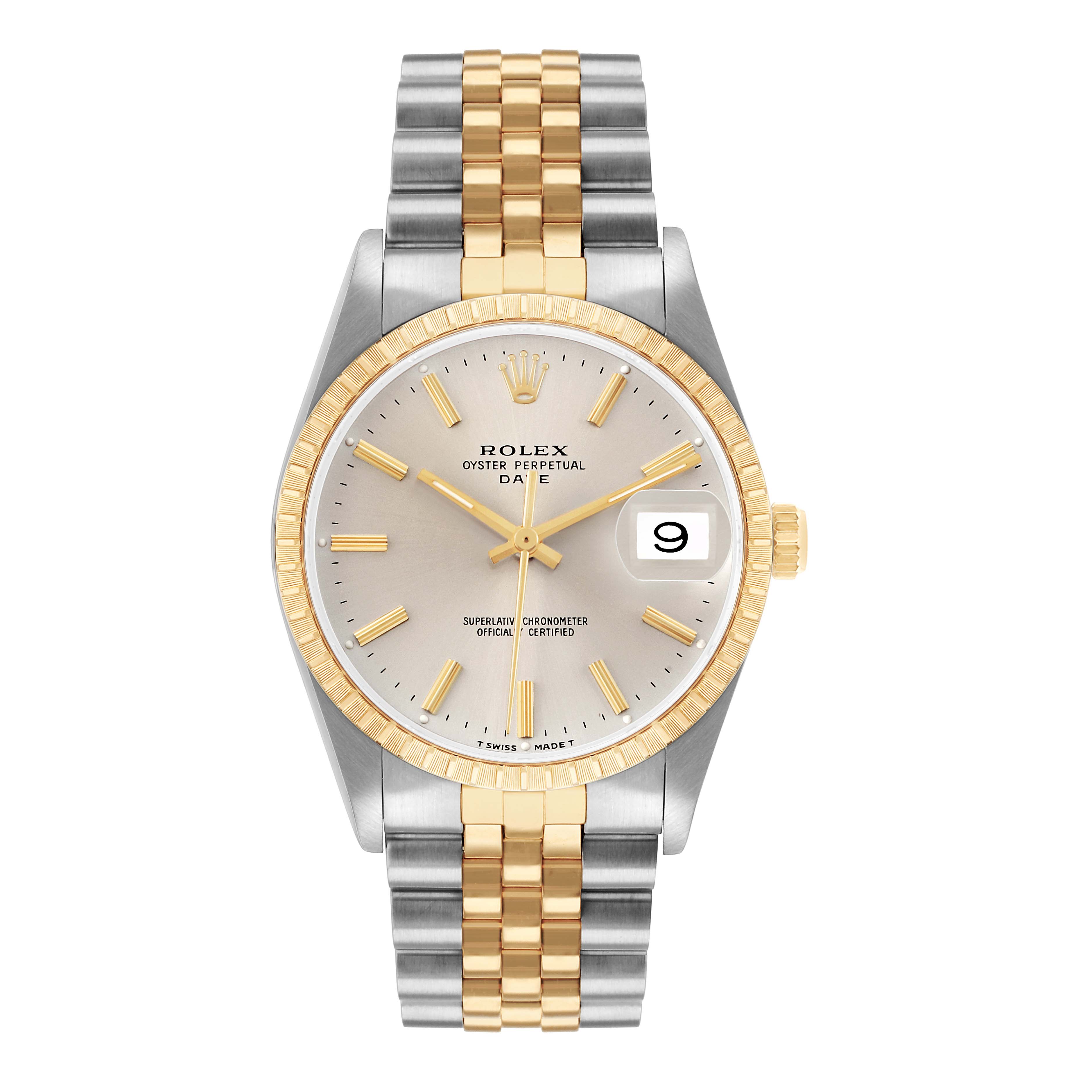 The Rolex Date 15223 Men's Steel and Gold (two tone) Silver Dial watch is shown from the front, displaying the dial, bezel, and bracelet.
