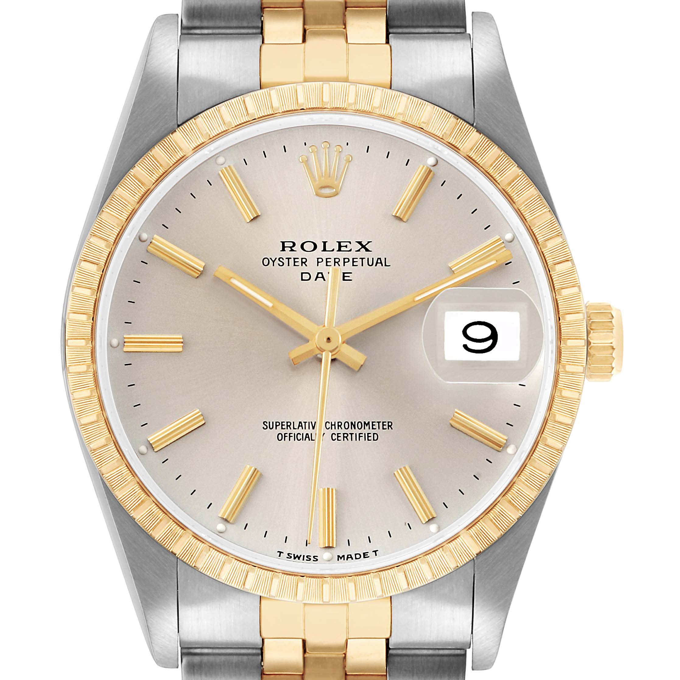 The Rolex Date 15223 Men's Steel and Gold (two tone) Silver Dial model watch is shown from a front view, highlighting the dial, hands, date window, and part of the bracelet.