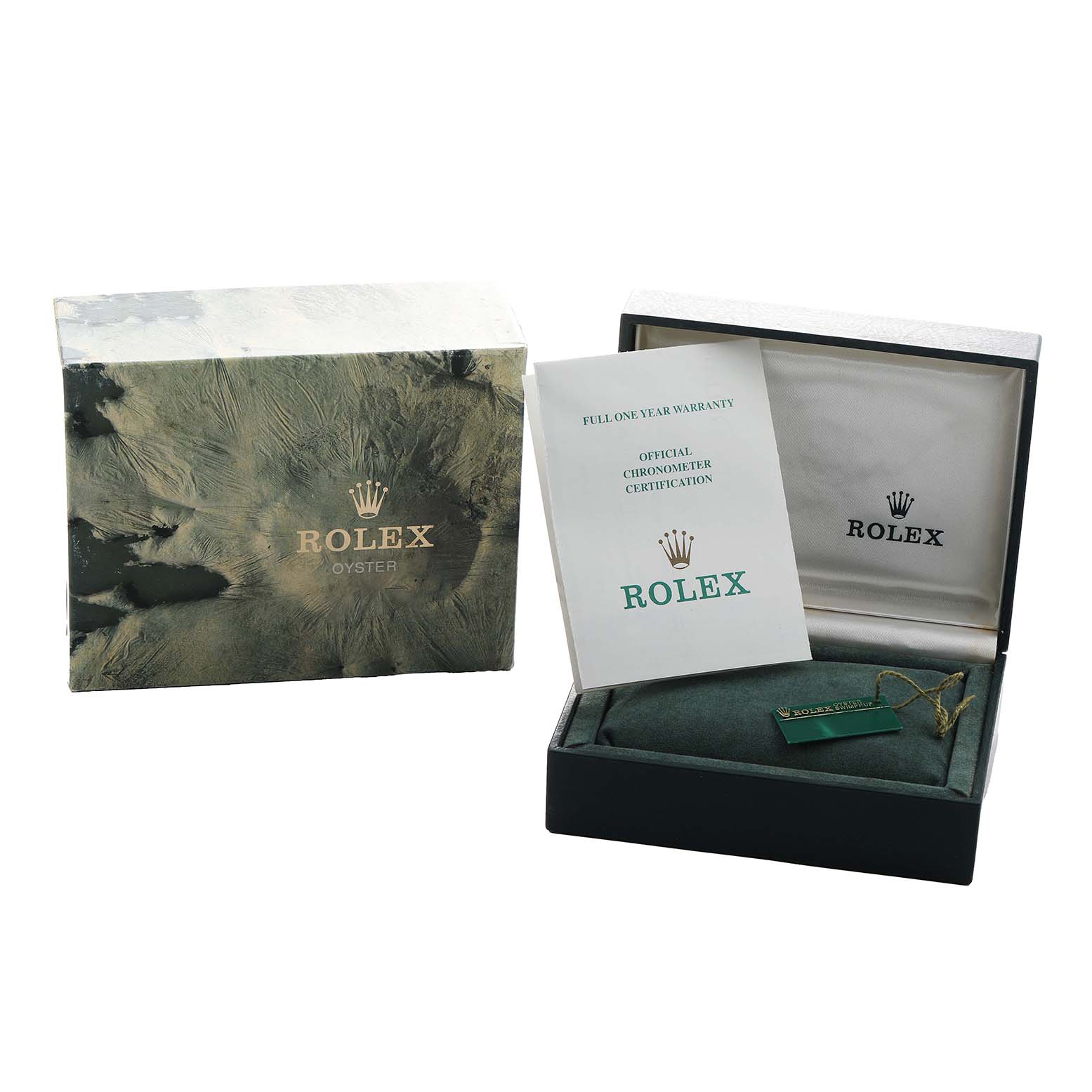 The image shows the packaging, warranty card, and certificate for a Rolex Date 15223 Men's Steel and Gold (two tone) Silver Dial model watch.