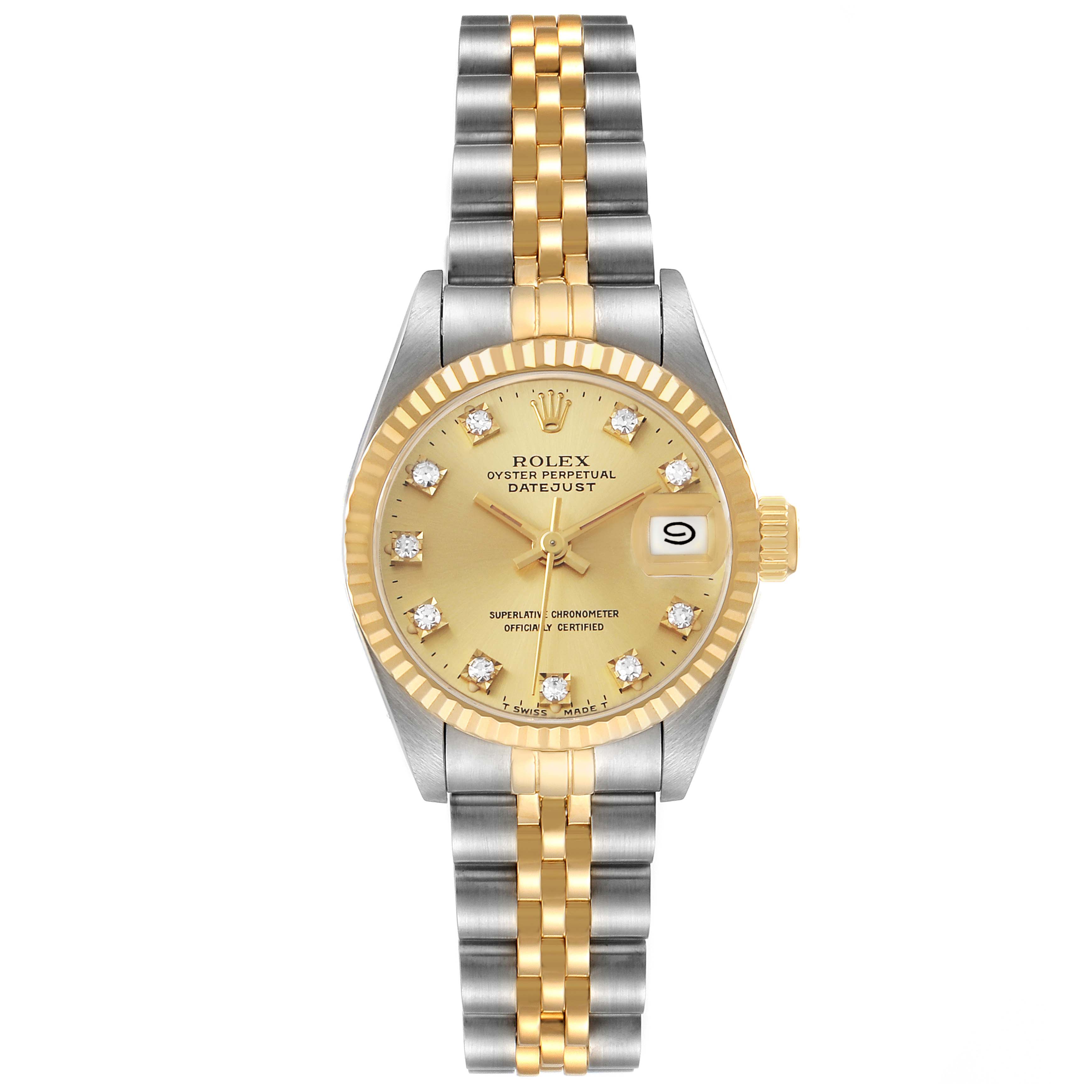 The Rolex Datejust 69173 Women's Steel and Gold (two tone) Champagne Dial watch is shown from the front, displaying its gold dial, diamond markers, fluted bezel, and two-tone bracelet.