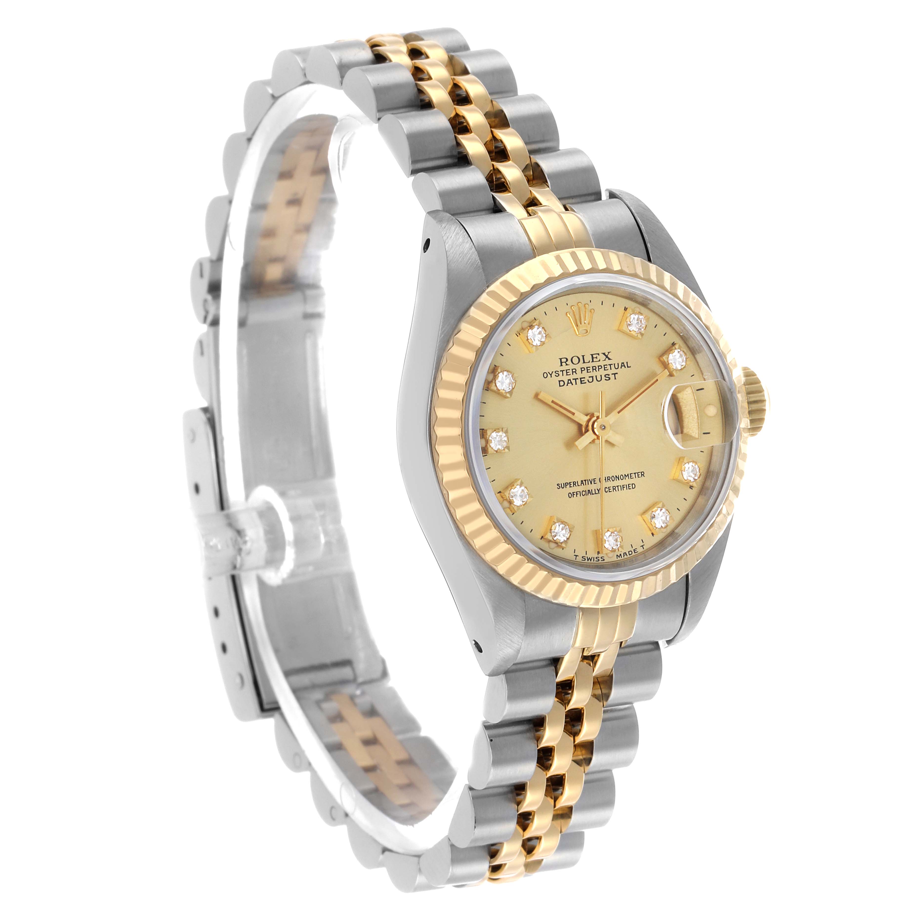 The Rolex Datejust 69173 Women's Steel and Gold (two tone) Champagne Dial watch is shown at a three-quarter angle, featuring the dial, fluted bezel, and Jubilee bracelet.