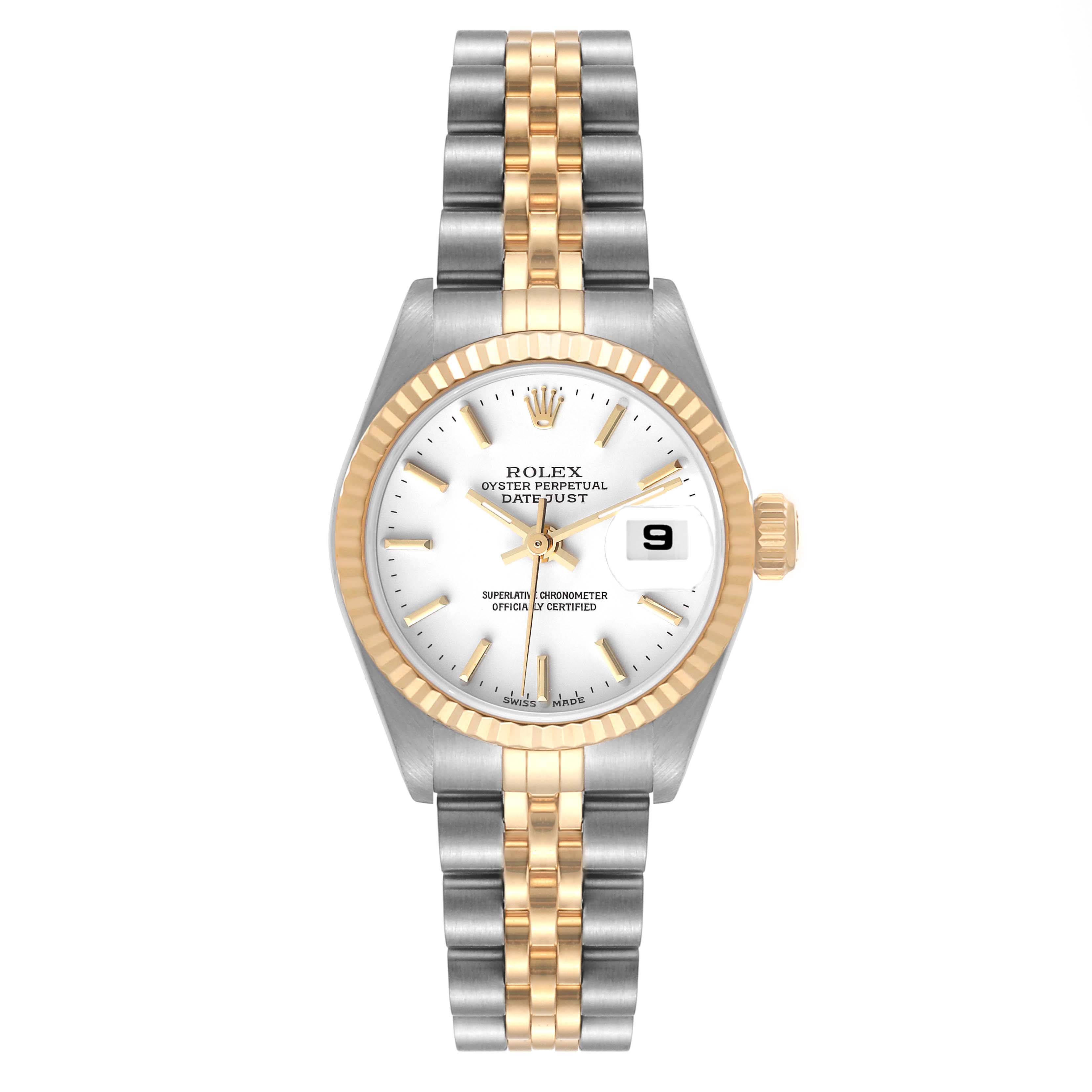 The Rolex Datejust 79173 Women's Steel and Gold (two tone) White Dial 79173 Women's Steel and Gold (two tone) White Dial watch is shown from a top-down angle, displaying its face, bezel, crown, and two-tone bracelet.