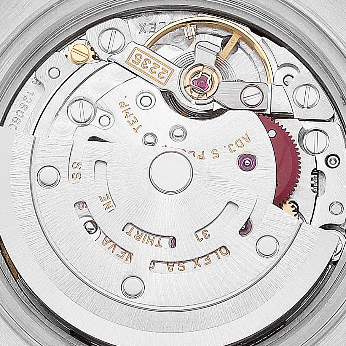 This image shows the interior movement and intricate mechanism of a Rolex Datejust 79173 Women's Steel and Gold (two tone) White Dial 79173 Women's Steel and Gold (two tone) White Dial watch, viewed from the back.