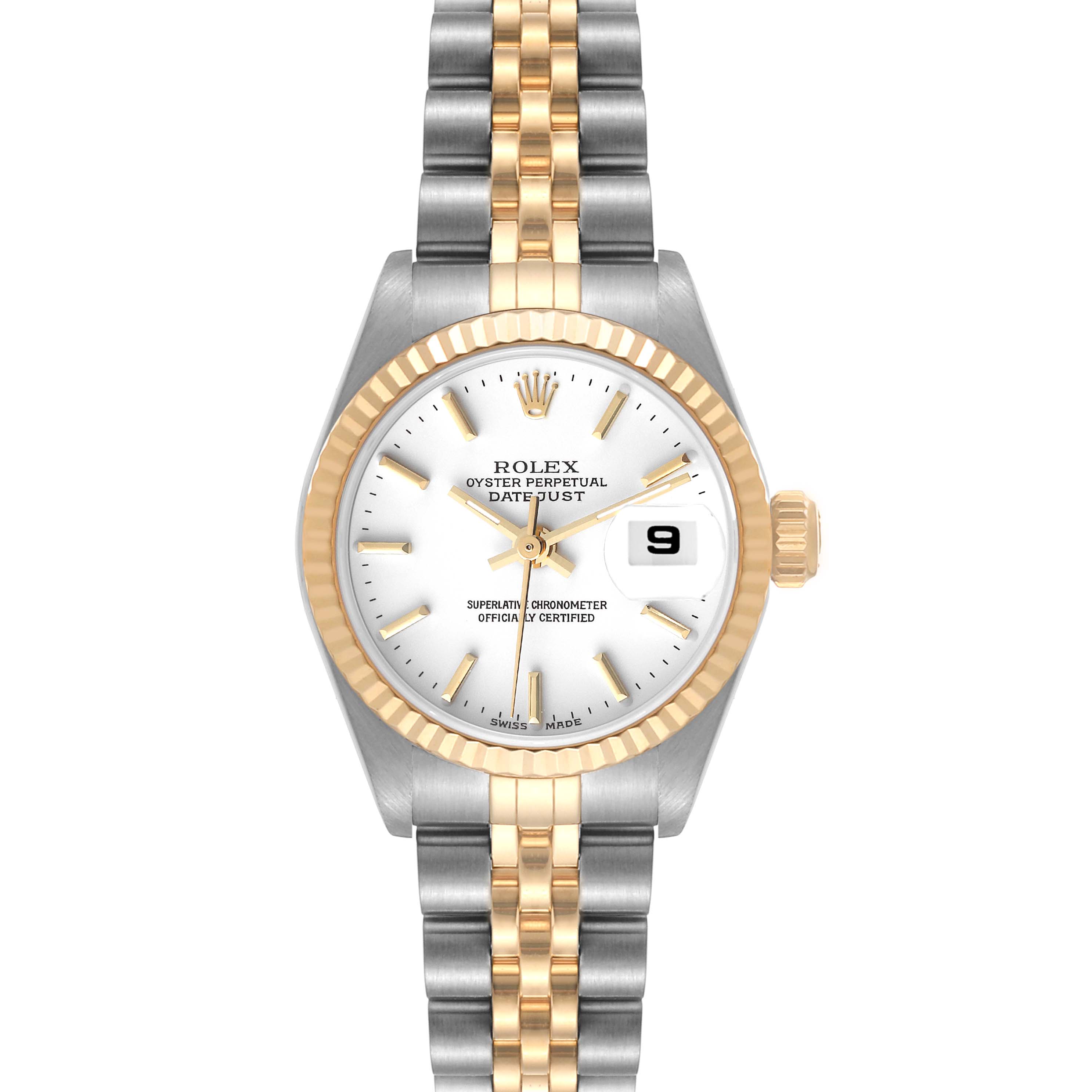 This image shows a front view of a Rolex Datejust 79173 Women's Steel and Gold (two tone) White Dial 79173 Women's Steel and Gold (two tone) White Dial watch displaying the face, bezel, and bracelet.