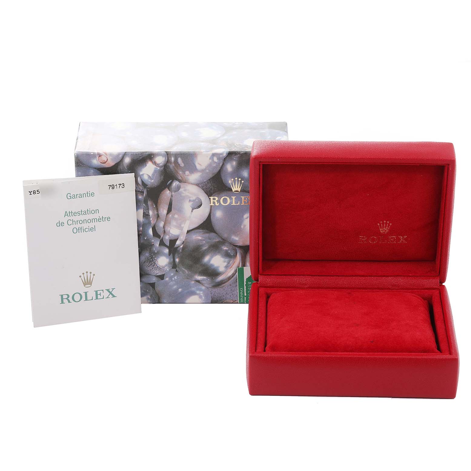 This image shows the open red Rolex Datejust 79173 Women's Steel and Gold (two tone) White Dial 79173 Women's Steel and Gold (two tone) White Dial watch box, the outer decorative box, and official certification documentation.
