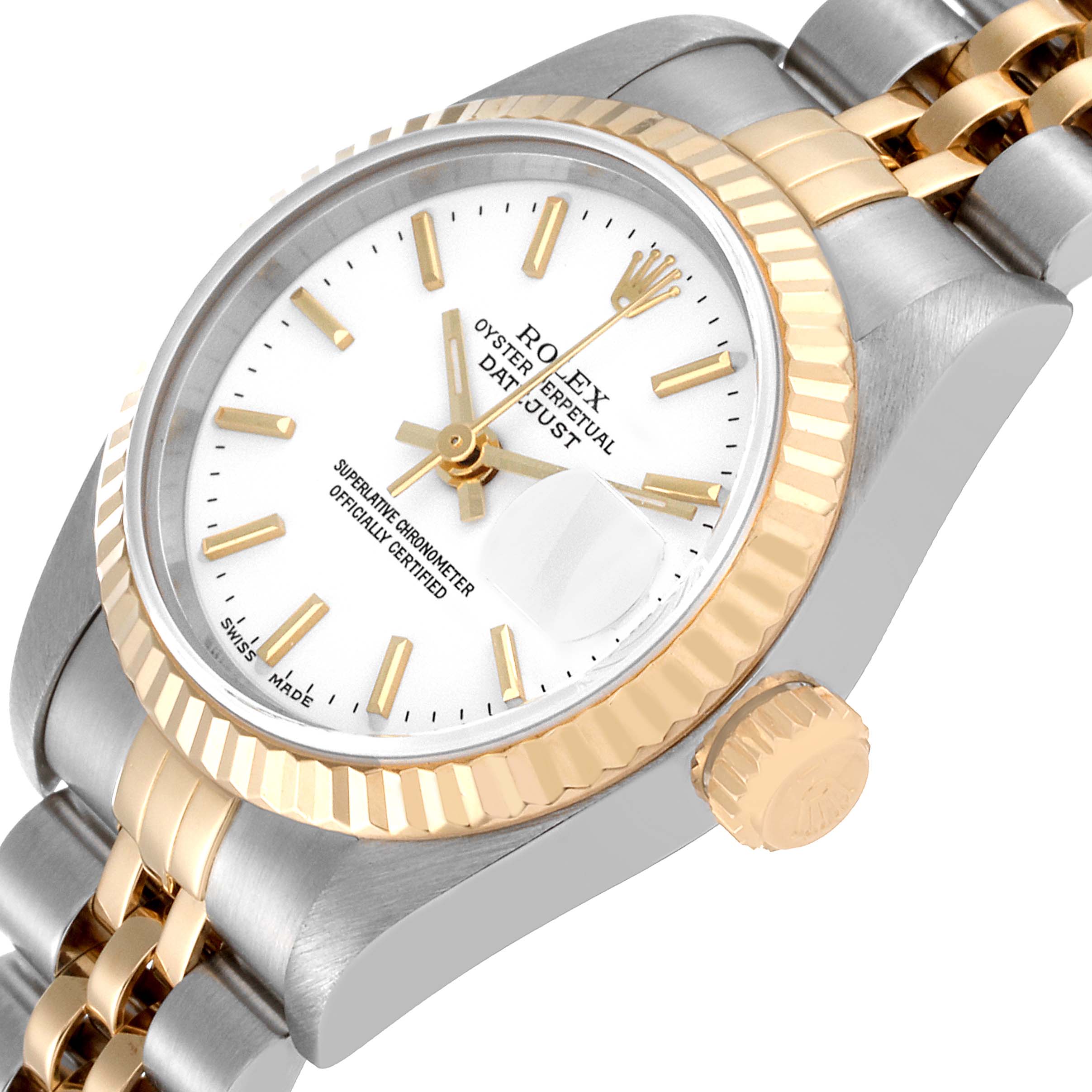 The image shows a close-up angled view of the Rolex Datejust 79173 Women's Steel and Gold (two tone) White Dial 79173 Women's Steel and Gold (two tone) White Dial watch, highlighting the dial, bezel, crown, and part of the bracelet.