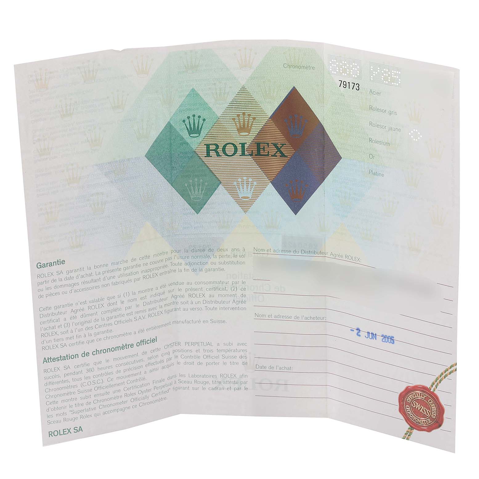 The image shows the warranty certificate for the Rolex Datejust 79173 Women's Steel and Gold (two tone) White Dial 79173 Women's Steel and Gold (two tone) White Dial model, with various details and the Rolex branding visible.