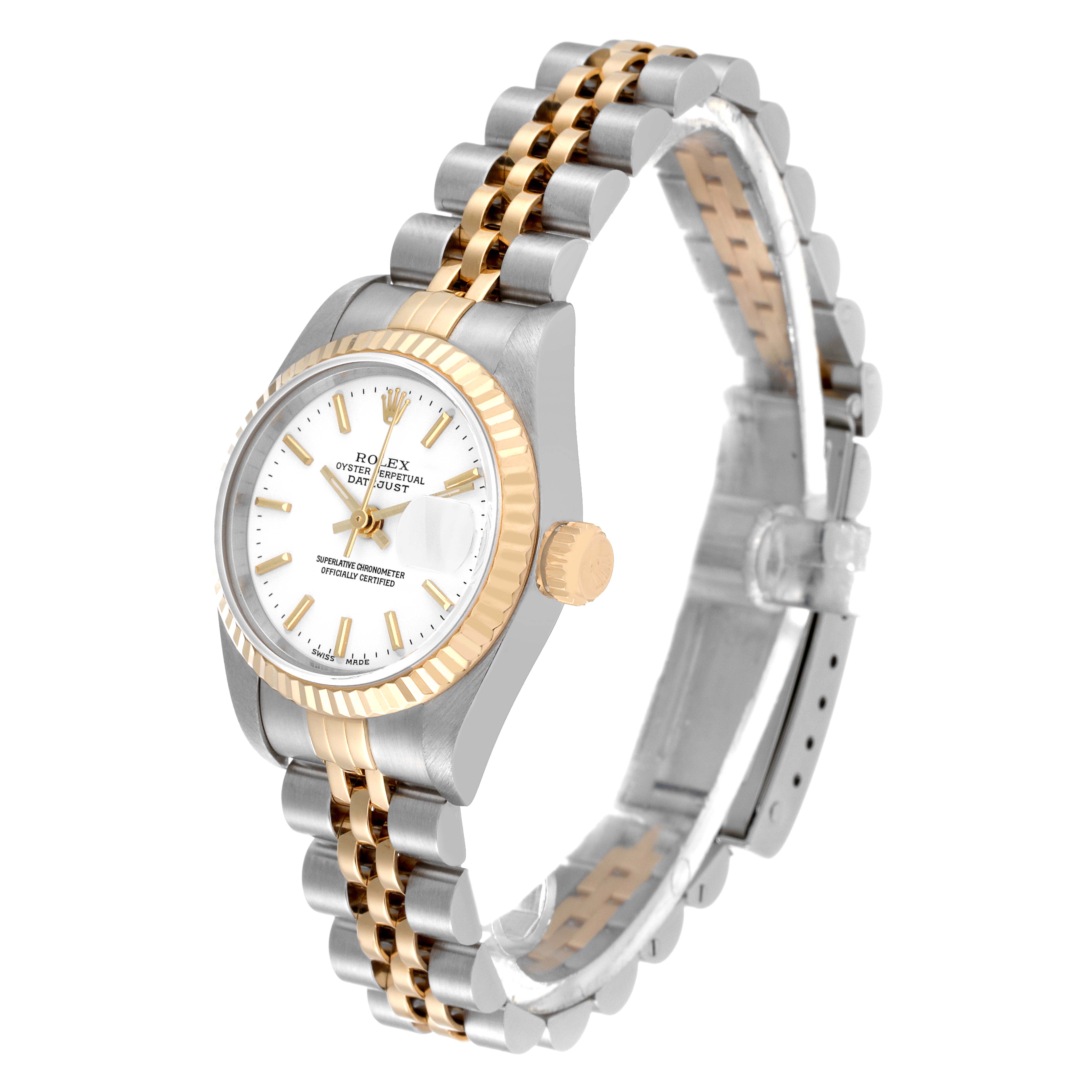 The Rolex Datejust 79173 Women's Steel and Gold (two tone) White Dial 79173 Women's Steel and Gold (two tone) White Dial watch is shown from a three-quarter angle showcasing the dial, bezel, crown, and part of the bracelet.
