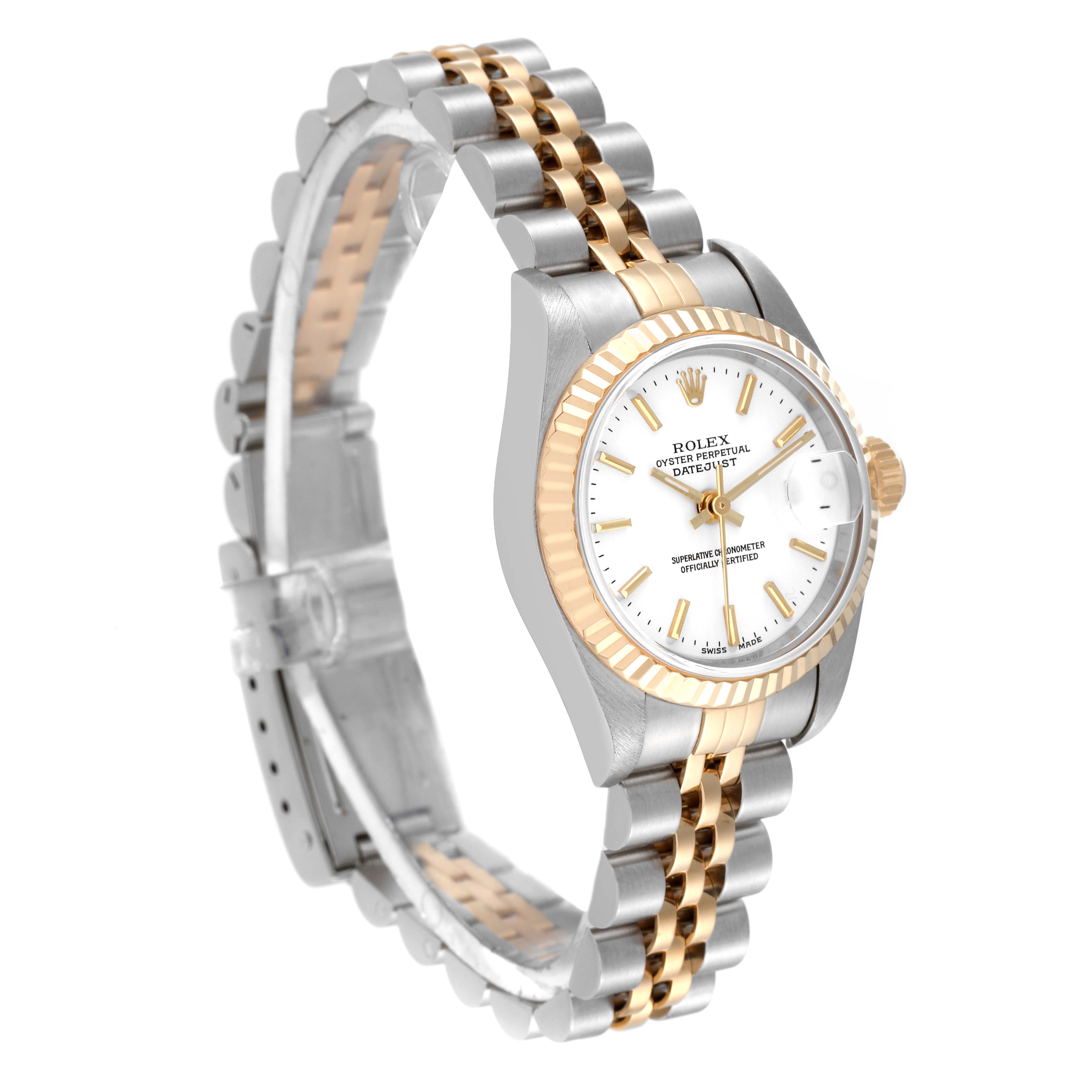 This image shows a side view of a Rolex Datejust 79173 Women's Steel and Gold (two tone) White Dial 79173 Women's Steel and Gold (two tone) White Dial watch, highlighting its two-tone bracelet, fluted bezel, and white dial.