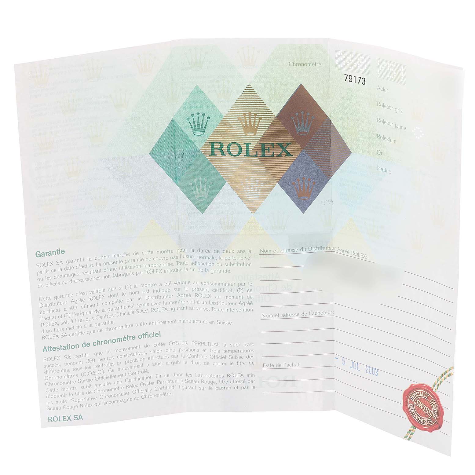 The image shows a warranty card or certificate for a Rolex Datejust 79173 Women's Steel and Gold (two tone) White Dial 79173 Women's Steel and Gold (two tone) White Dial watch.