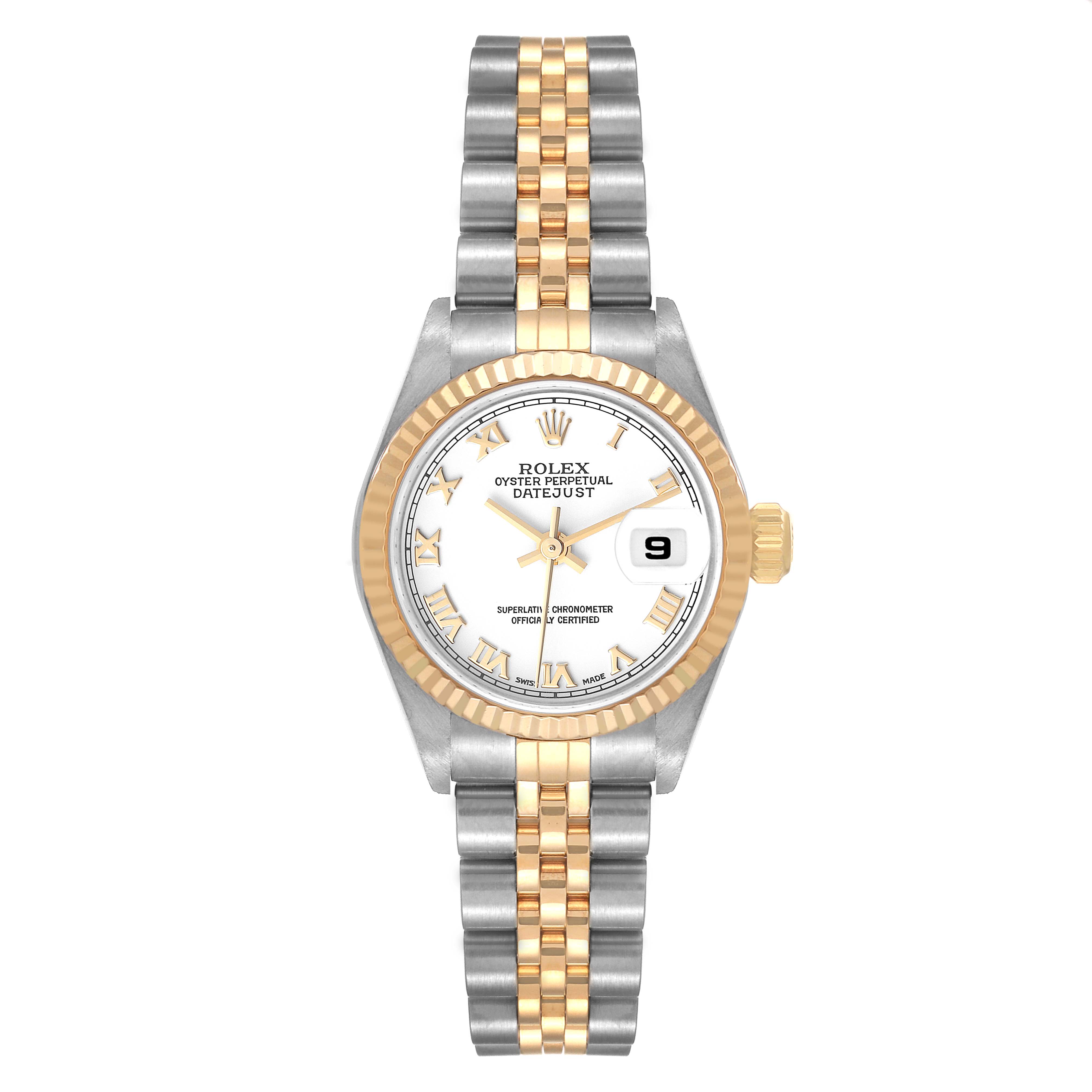 The image shows a front view of a Rolex Datejust 79173 Women's Steel and Gold (two tone) White Dial 79173 Women's Steel and Gold (two tone) White Dial watch with a two-tone Jubilee bracelet and a fluted bezel.