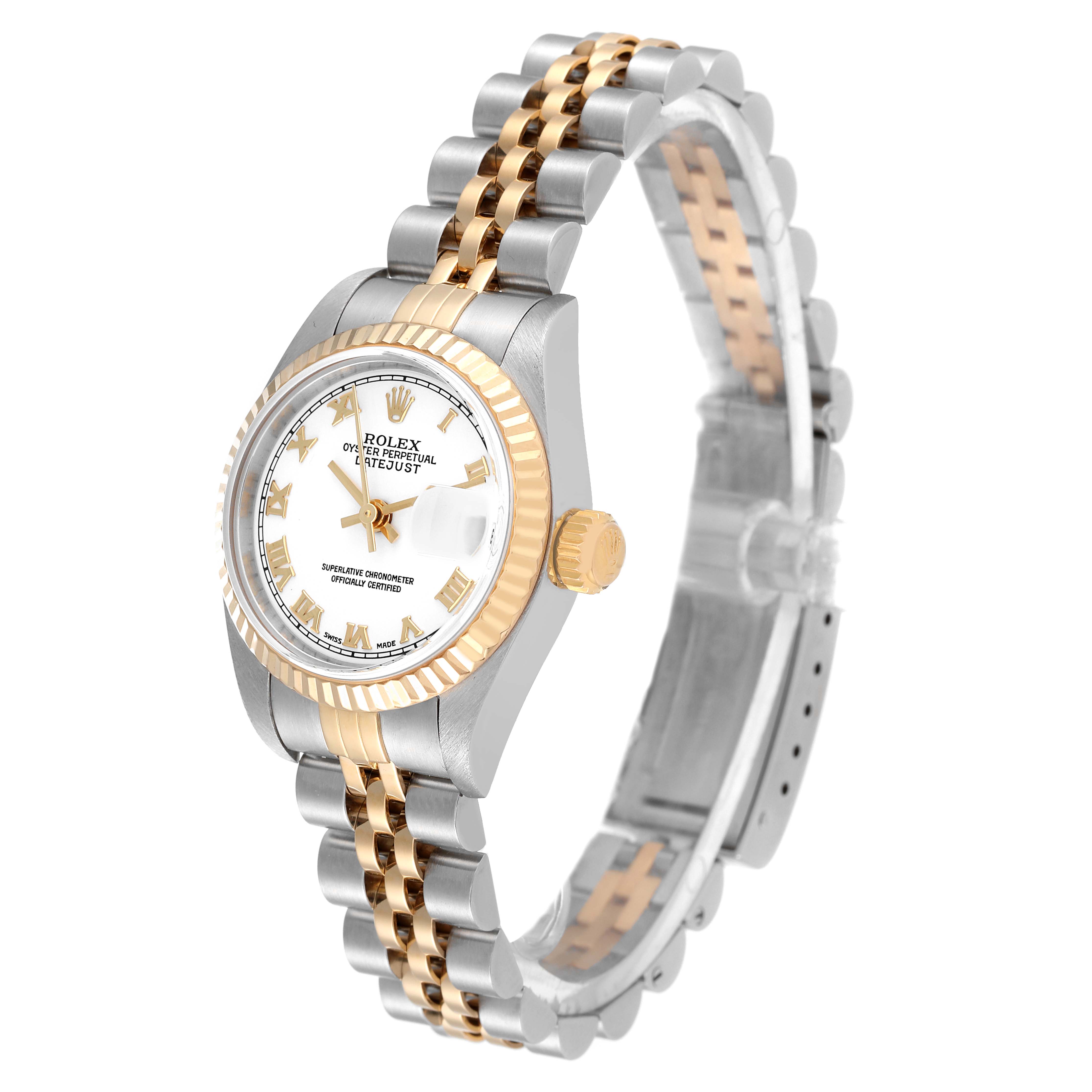 The image shows the Rolex Datejust 79173 Women's Steel and Gold (two tone) White Dial 79173 Women's Steel and Gold (two tone) White Dial watch at a three-quarter angle, highlighting its gold and silver bracelet and white face with Roman numerals.
