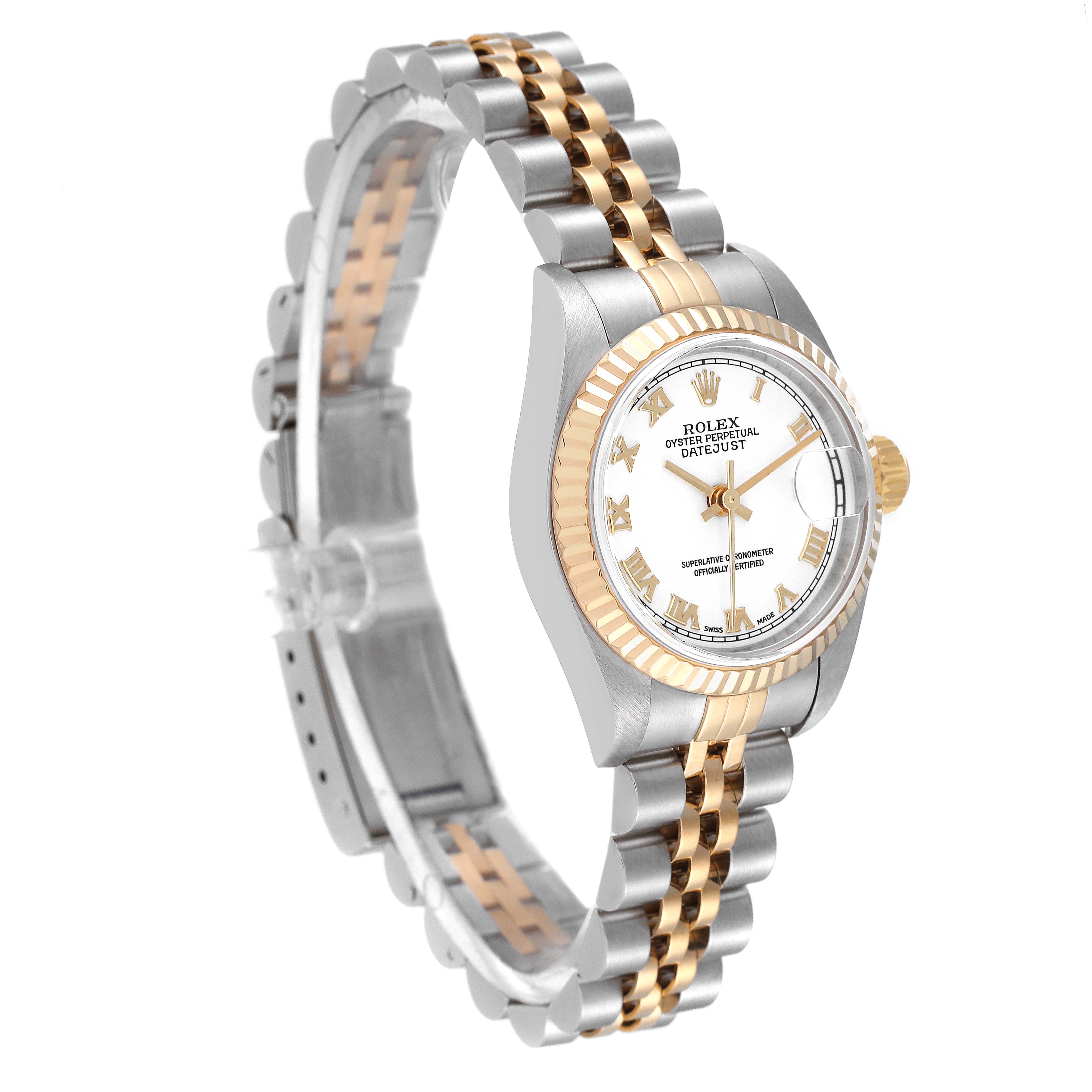 The image shows a side view of a Rolex Datejust 79173 Women's Steel and Gold (two tone) White Dial 79173 Women's Steel and Gold (two tone) White Dial watch, highlighting its two-tone bracelet and white dial with gold accents.