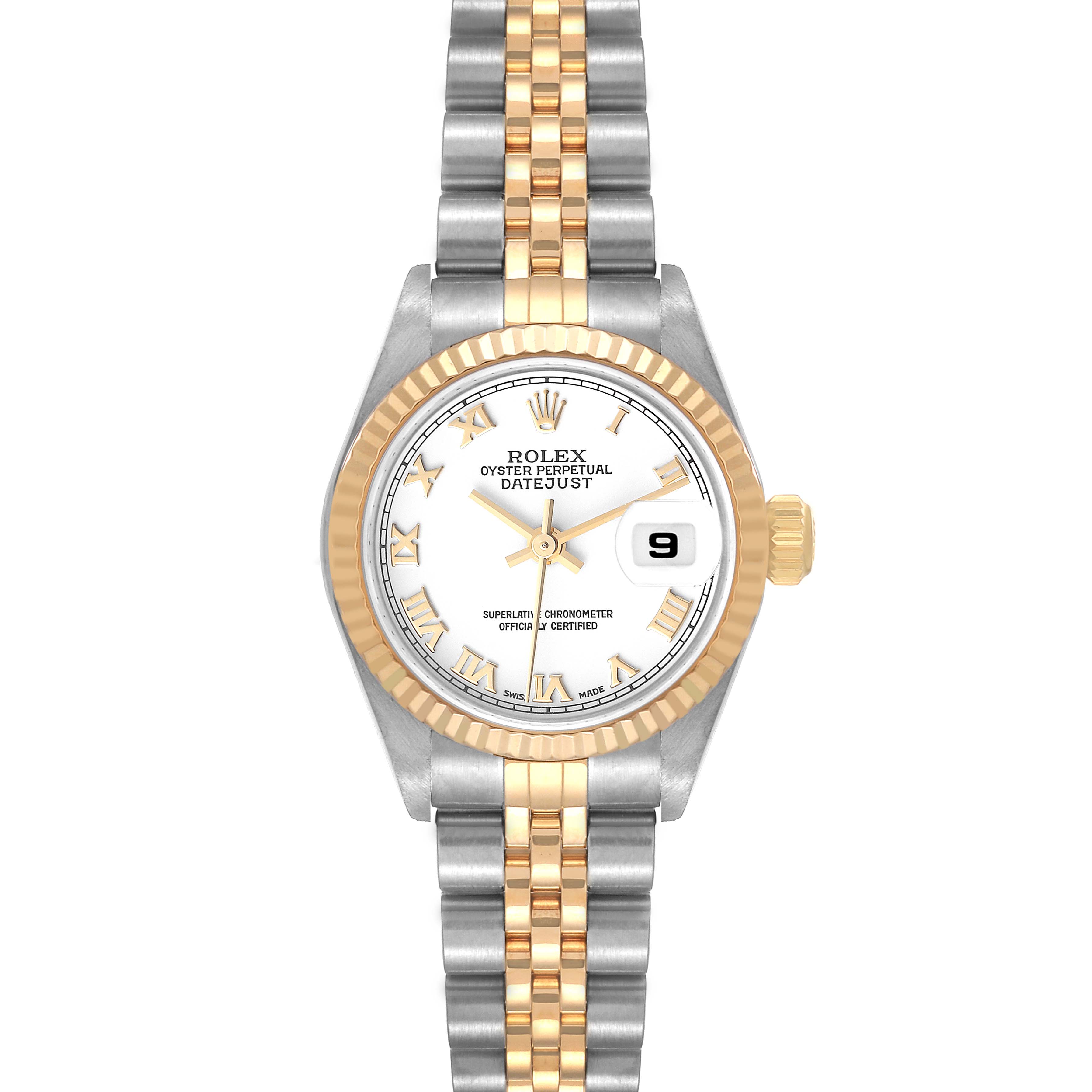 This image shows a Rolex Datejust 79173 Women's Steel and Gold (two tone) White Dial 79173 Women's Steel and Gold (two tone) White Dial watch from a top-down angle, displaying the face, bezel, crown, and bracelet.