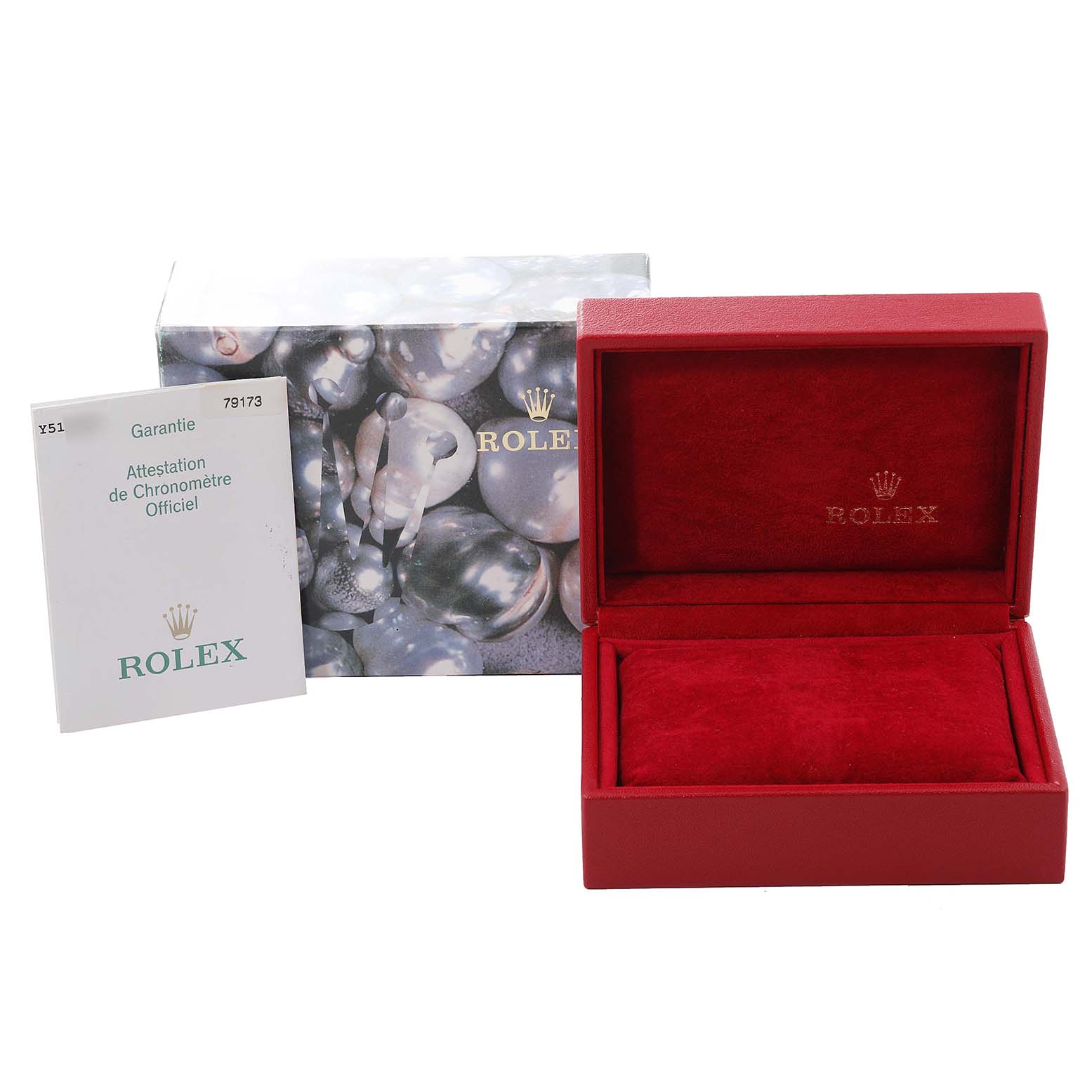 The image shows the packaging and warranty card for a Rolex Datejust 79173 Women's Steel and Gold (two tone) White Dial 79173 Women's Steel and Gold (two tone) White Dial watch, featuring an open red watch box and an outer box.