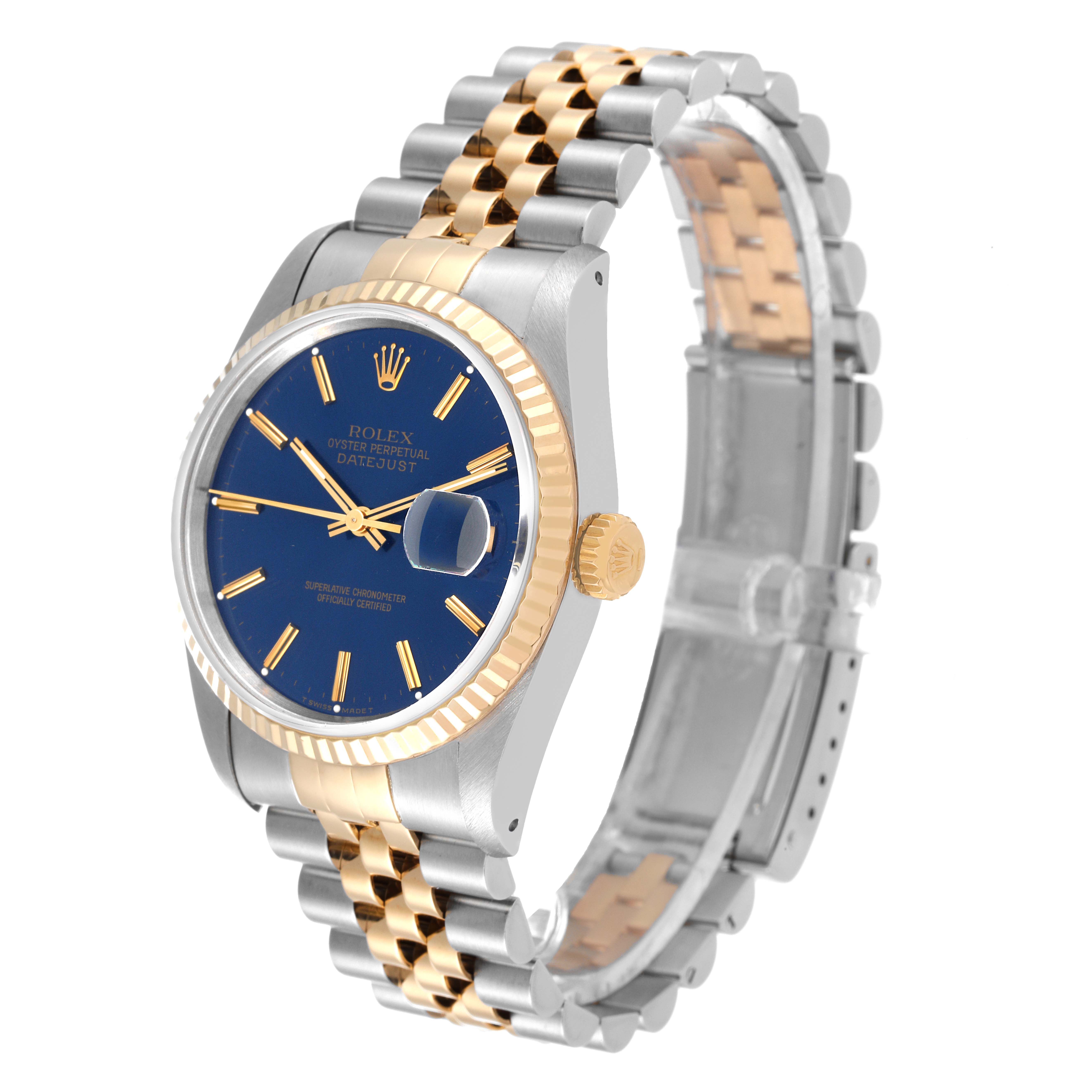 The Rolex Datejust 16233 Men's Steel and Gold (two tone) Blue Dial 16233 Men's Steel and Gold (two tone) Blue Dial watch is shown at a slight angle, highlighting the dial, crown, and two-tone bracelet.