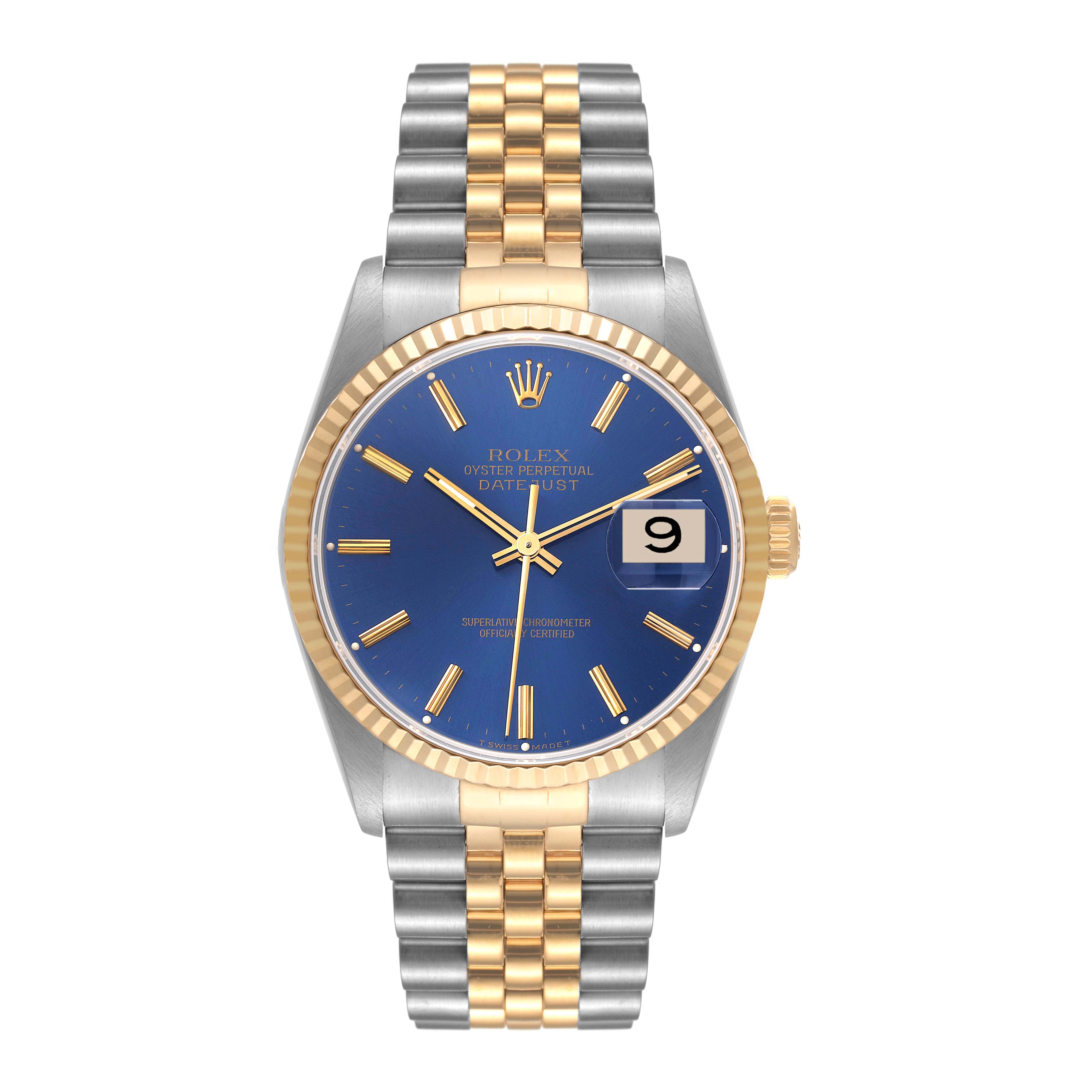 The image shows a Rolex Datejust 16233 Men's Steel and Gold (two tone) Blue Dial 16233 Men's Steel and Gold (two tone) Blue Dial watch, viewed from the front, displaying the dial, hands, date window, and bracelet.
