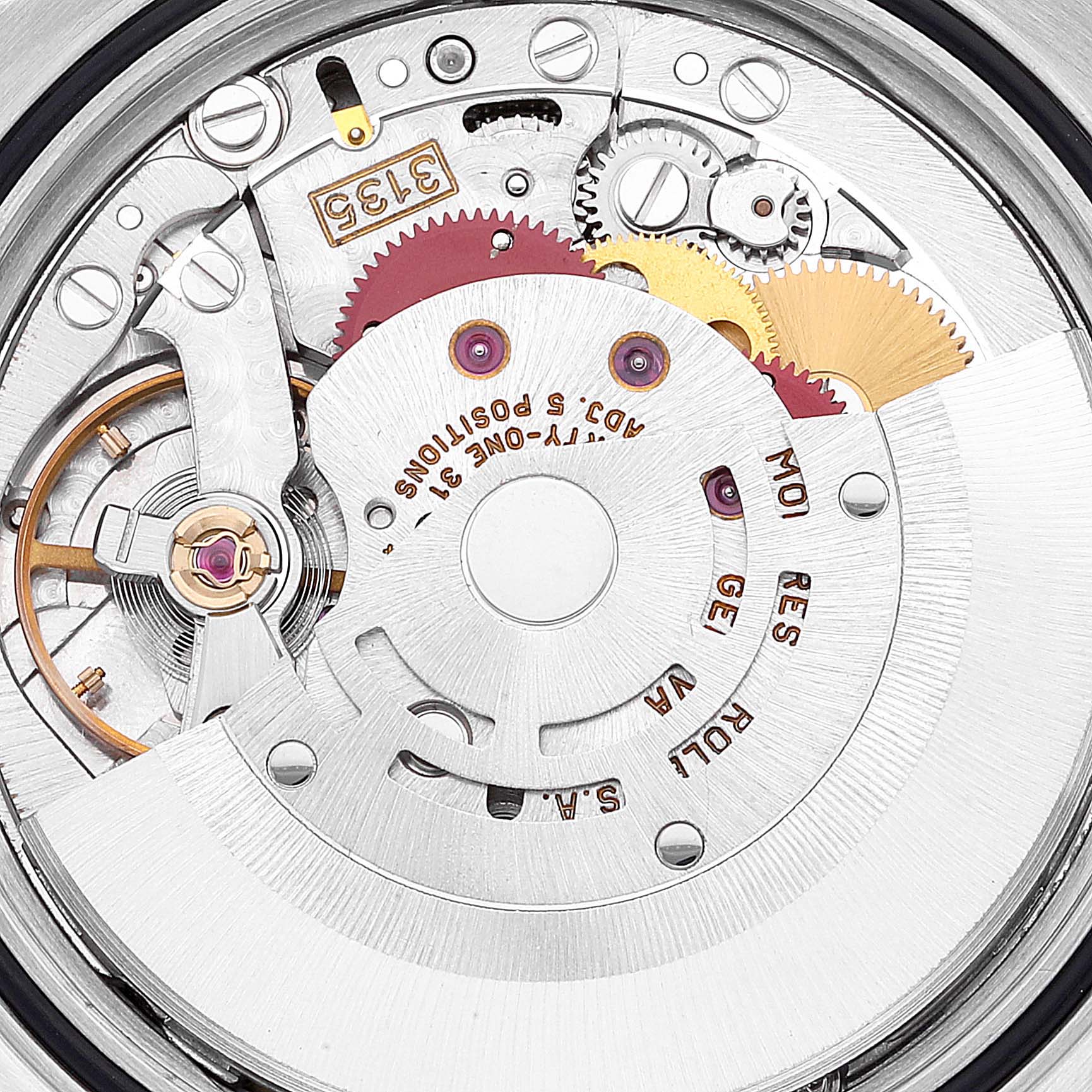 This image shows the intricate movement mechanism of a Rolex Datejust 16233 Men's Steel and Gold (two tone) Blue Dial 16233 Men's Steel and Gold (two tone) Blue Dial watch viewed from the back.