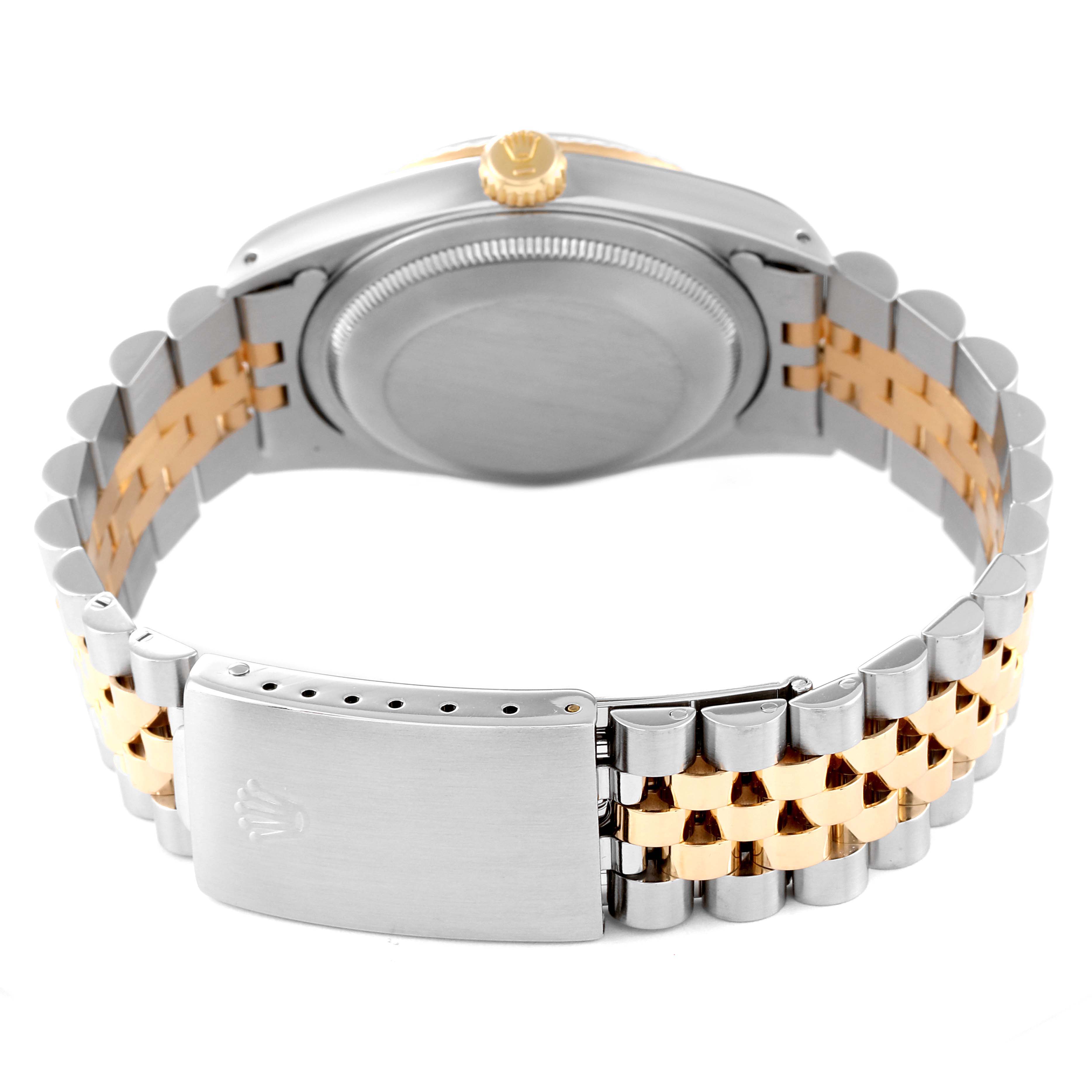 The image shows the back of a Rolex Datejust 16233 Men's Steel and Gold (two tone) Blue Dial 16233 Men's Steel and Gold (two tone) Blue Dial watch, including the case back, crown, and two-tone bracelet with clasp.