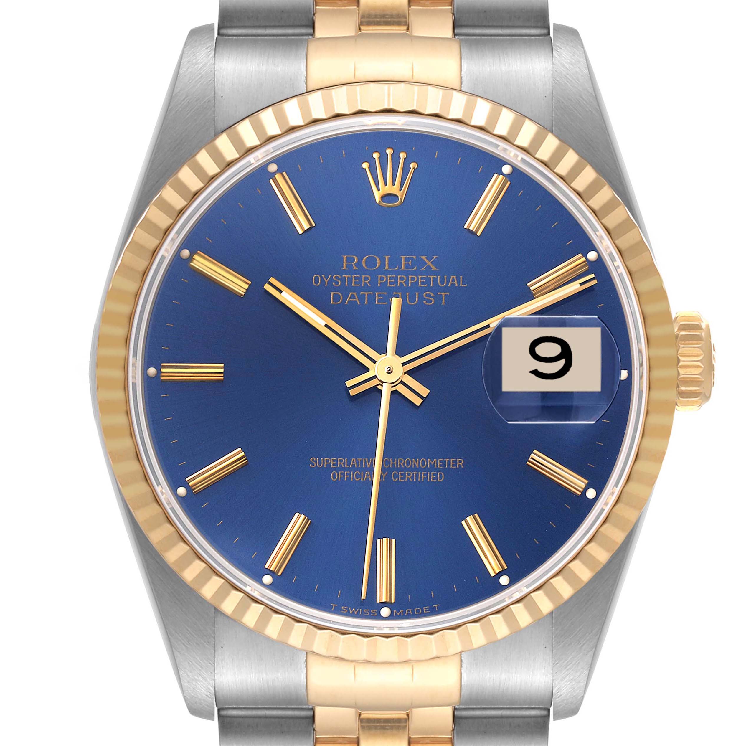 This image shows a close-up of the Rolex Datejust 16233 Men's Steel and Gold (two tone) Blue Dial 16233 Men's Steel and Gold (two tone) Blue Dial watch, highlighting its blue dial, gold markers, and Jubilee bracelet.