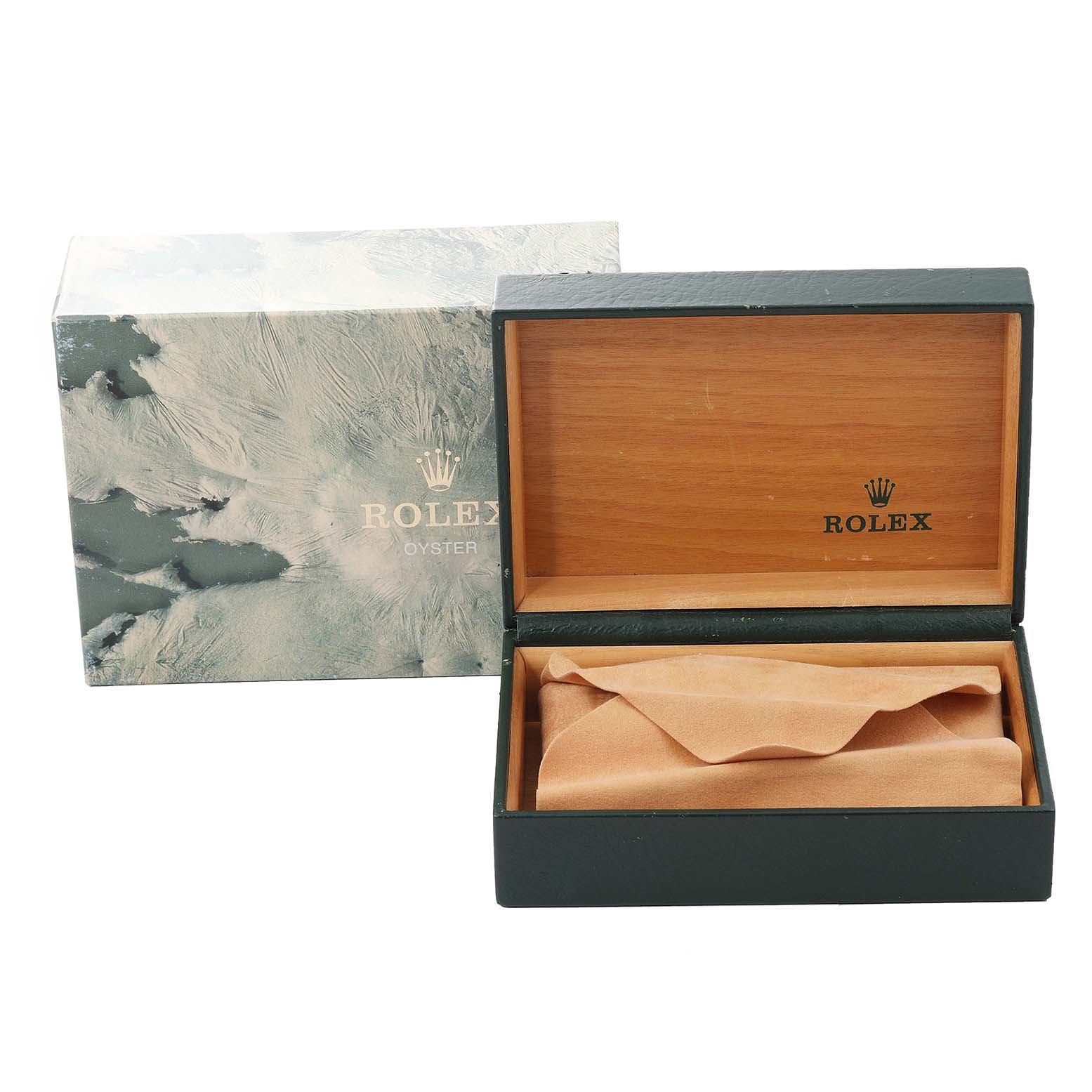 The image shows an open wooden Rolex watch box and its outer packaging for the Datejust model.