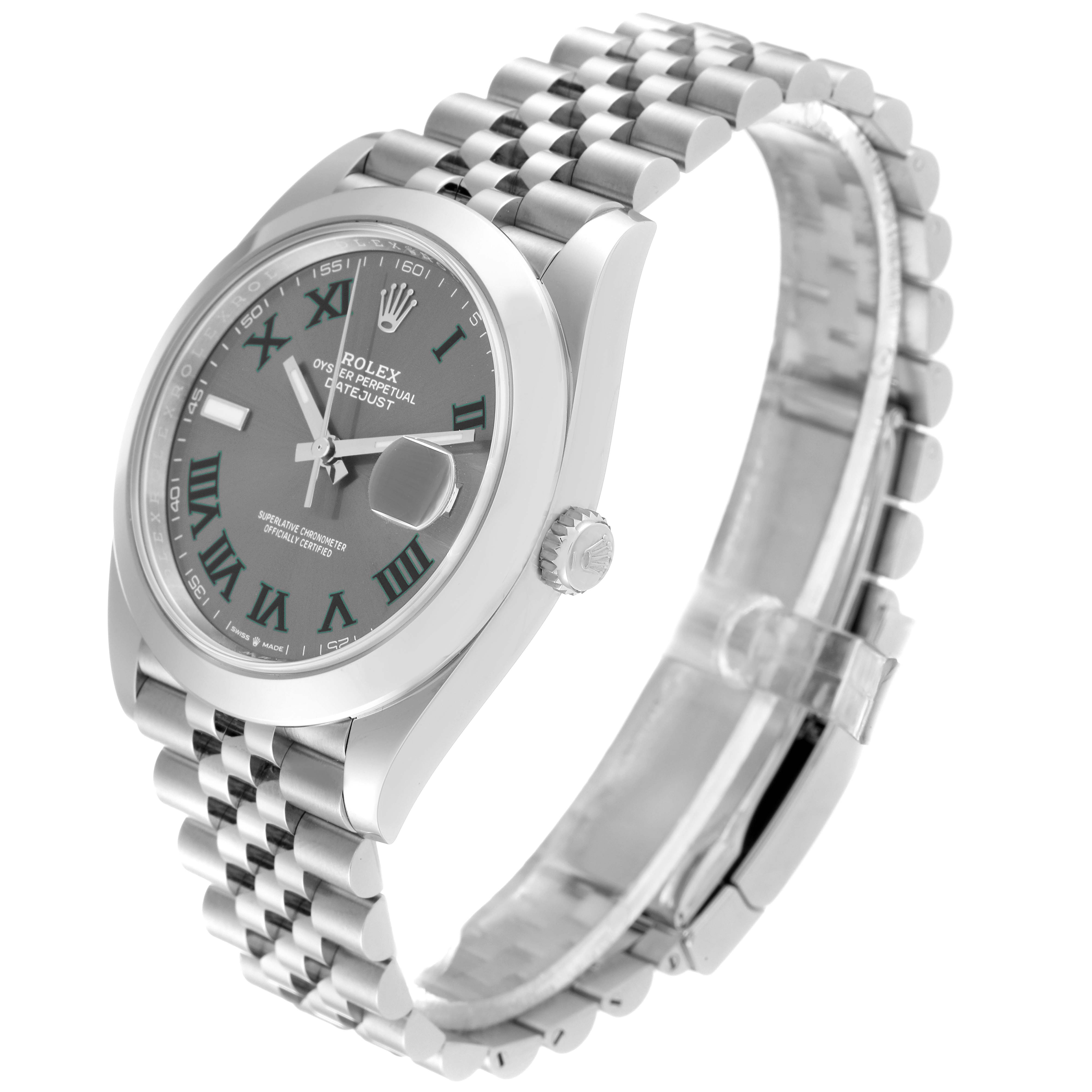 The image shows a Rolex Datejust 41 126300 Men
s Stainless Steel Grey Dial 126300 Men
s Stainless Steel Grey Dial watch from an angled side view, highlighting the dial, bezel, and Jubilee bracelet.