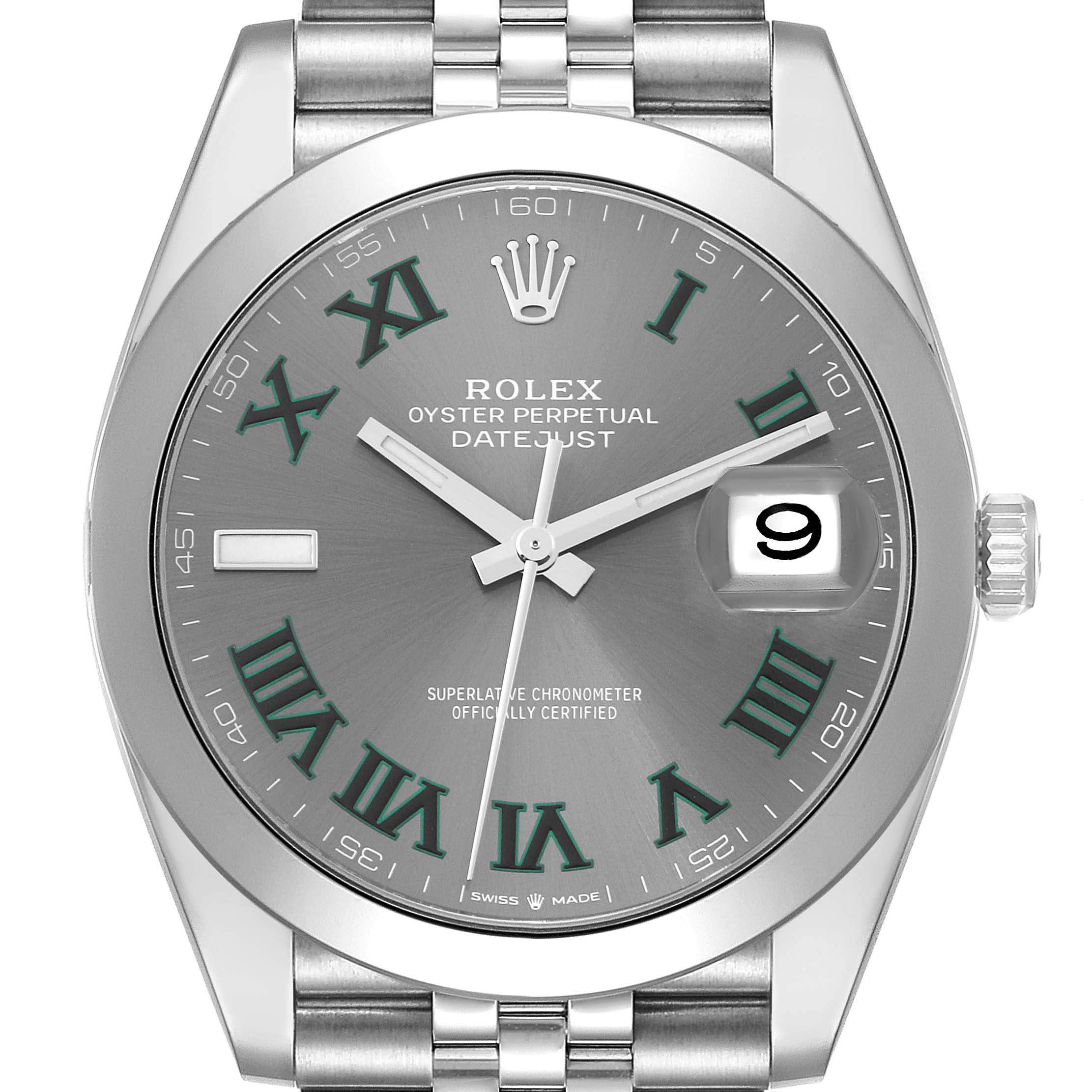 This image showcases the face, bezel, and part of the bracelet of the Rolex Datejust 41 126300 Men
s Stainless Steel Grey Dial 126300 Men
s Stainless Steel Grey Dial, highlighting the Roman numeral and date indicators.