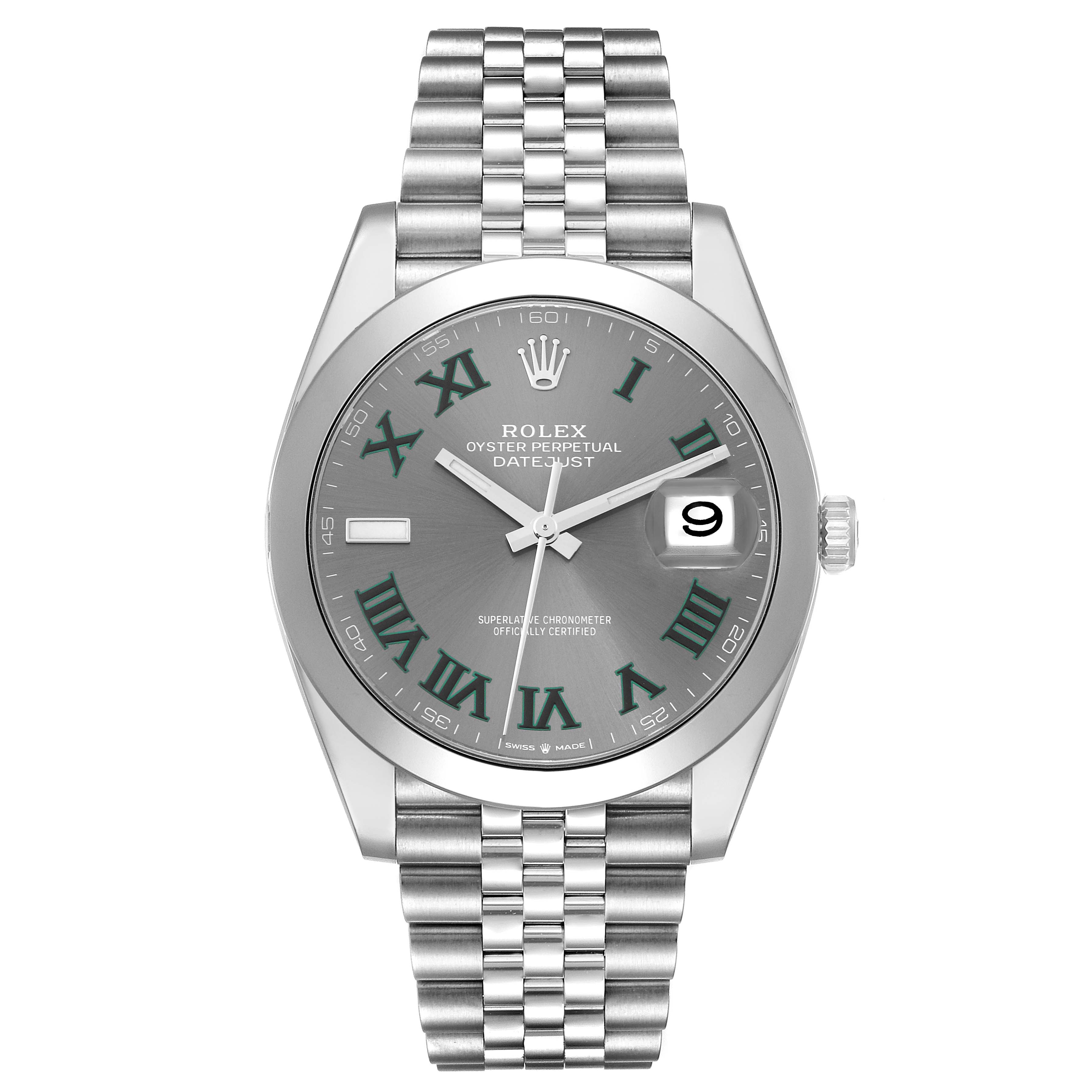 This is a front view of the Rolex Datejust 41 126300 Men
s Stainless Steel Grey Dial 126300 Men
s Stainless Steel Grey Dial, showing the watch face, bracelet, and date window.