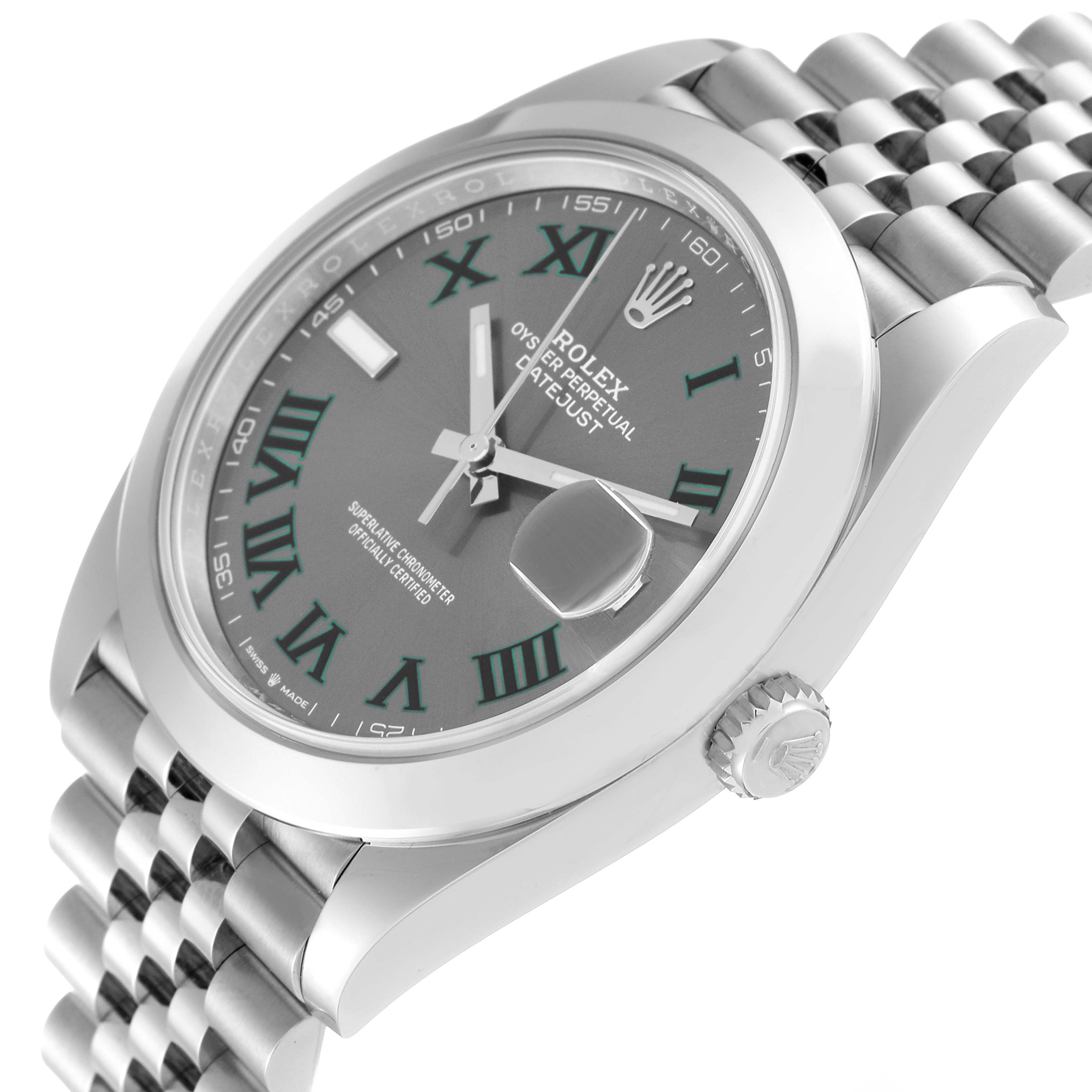 This is an angled view of the Rolex Datejust 41 126300 Men
s Stainless Steel Grey Dial 126300 Men
s Stainless Steel Grey Dial watch showing the face, bezel, crown, and part of the bracelet.
