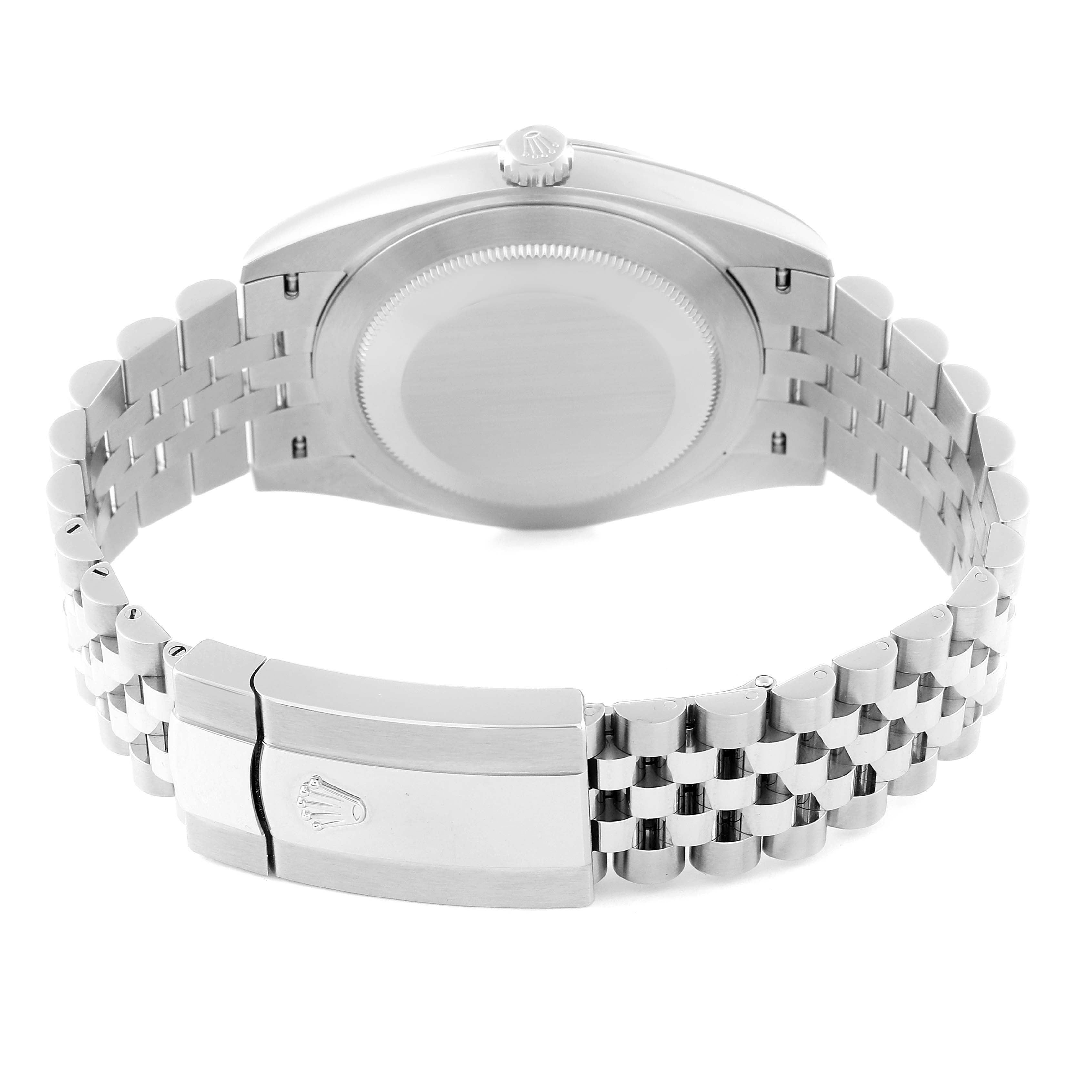 The image shows the backside and clasp of a Rolex Datejust 41 126300 Men
s Stainless Steel Grey Dial 126300 Men
s Stainless Steel Grey Dial watch, highlighting the case back and Jubilee bracelet.
