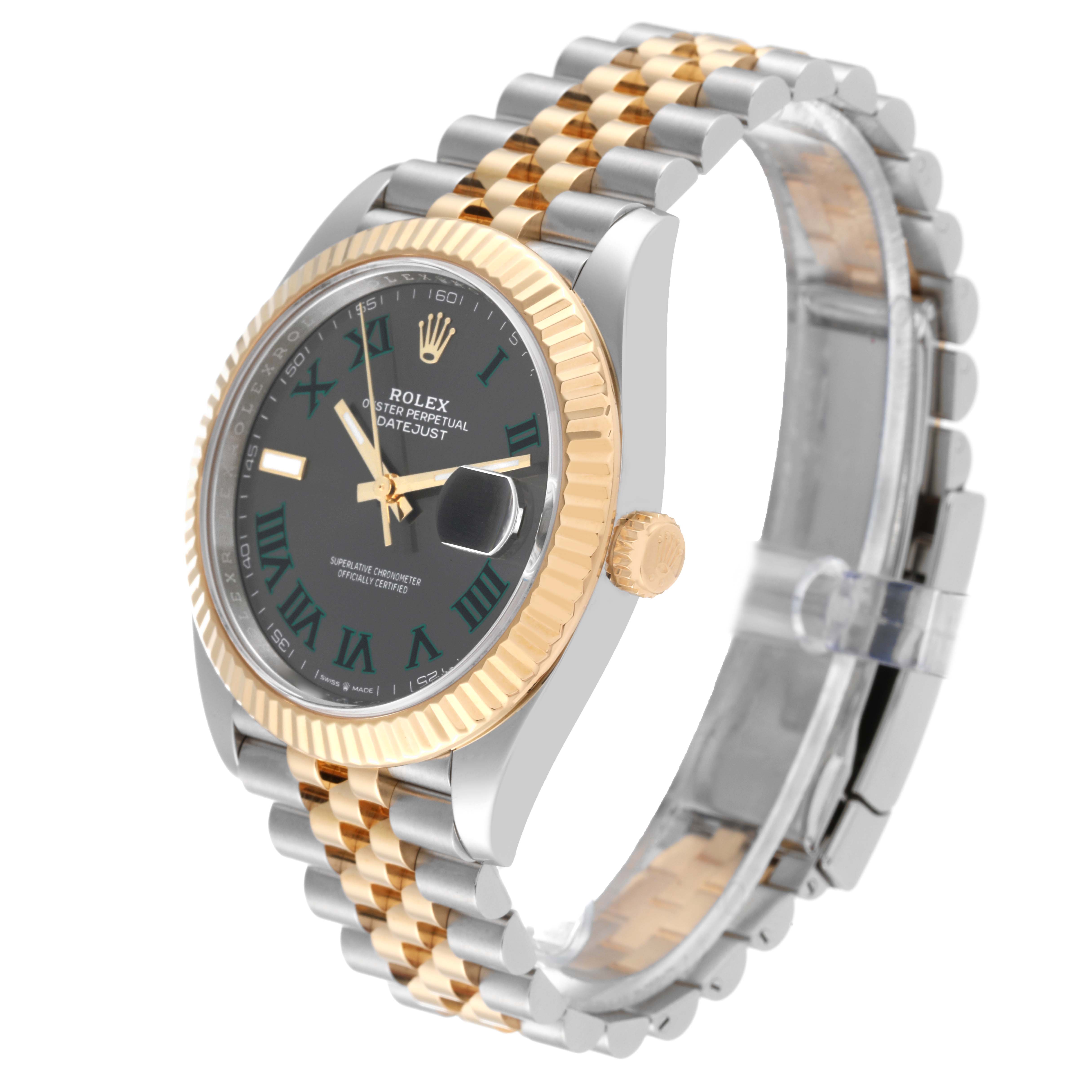 The Rolex Datejust 41 126333 Men's Steel and Gold (two tone) Grey Dial 126333 Men's Steel and Gold (two tone) Grey Dial watch is shown at a side angle, highlighting the black dial, gold fluted bezel, and two-tone Jubilee bracelet.
